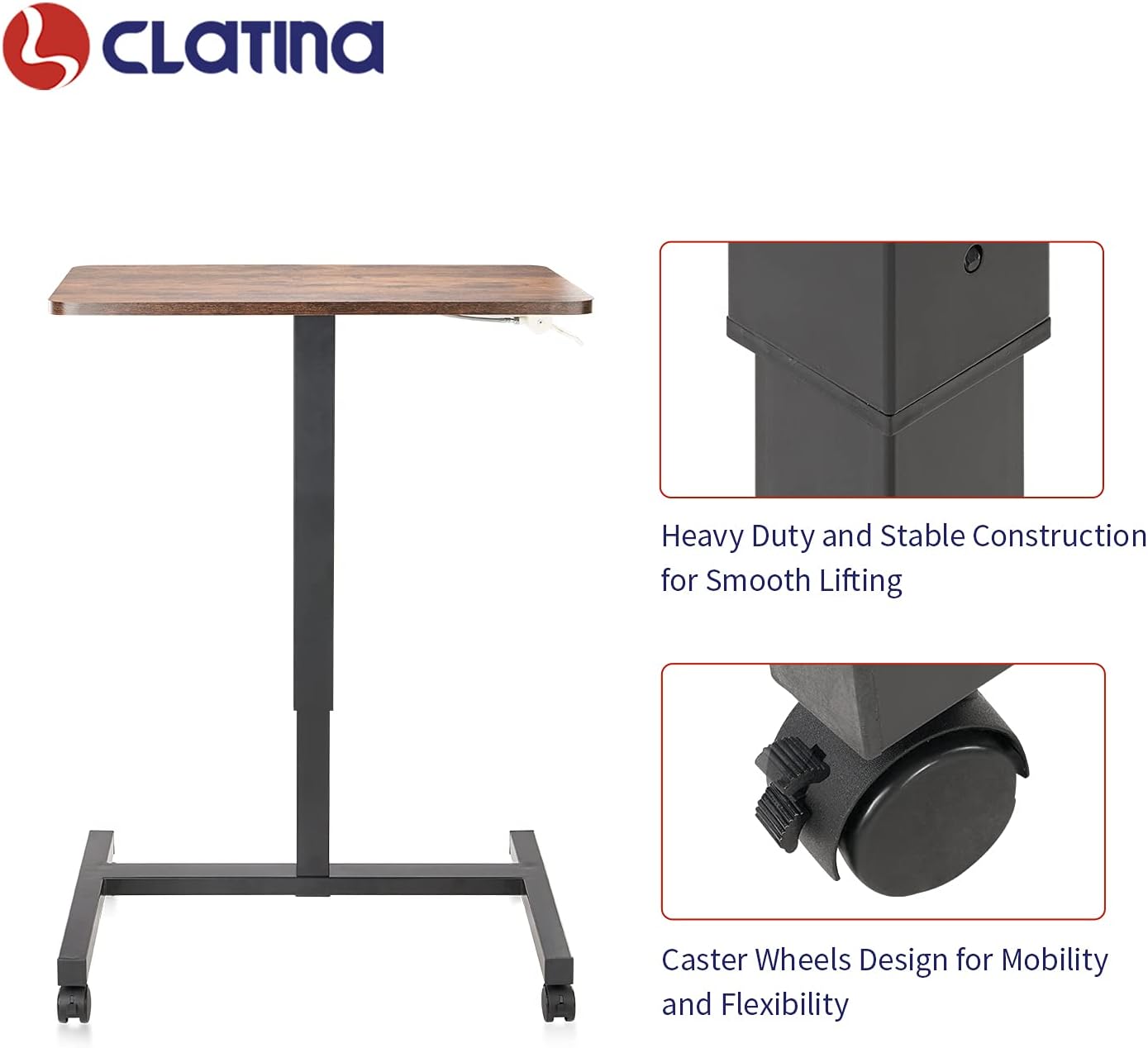 CLATINA Mobile Laptop Desk Pneumatic Sit to Stand Table Height Adjustable Rolling Cart with Lockable Wheels for Home Office Computer Workstation 28" x 19" Brown Round Edge Design Elegant