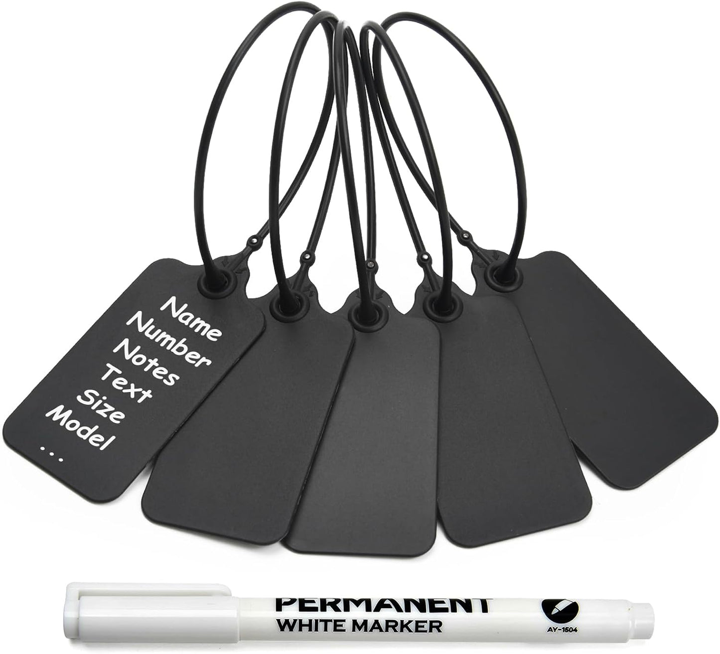 100 Black Blank Plastic Tags for Labeling Waterproof Hanging Labels Writable Tags Seal Plastic Marking Label for Clothes Bags Keys Inventory with One Marker Pen