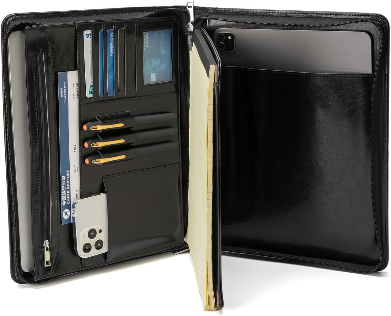 Vegan Leather Portfolio with Hidden Handle, Front Pocket, Business Padfolio Tablet/13” Laptop Organizer, Folio Document Cell Phone Holder, Professional Executive Folder, Black
