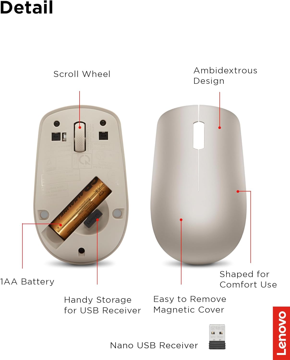 Lenovo 530 Wireless Mouse with Battery, 2.4GHz Nano USB, 1200 DPI Optical Sensor, Ergonomic for Left or Right Hand, Lightweight, GY50Z18988, Almond
