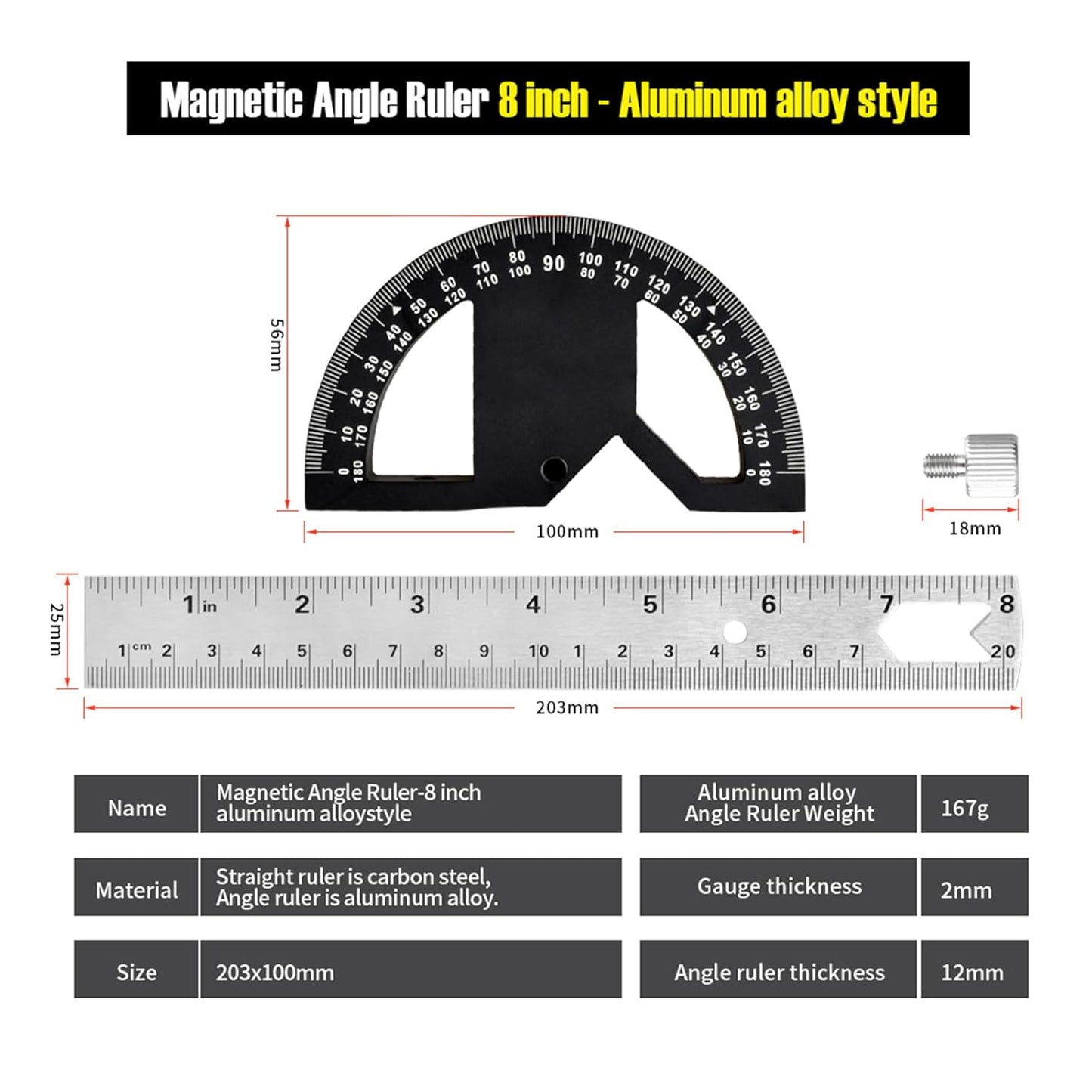Protractor Angle Finder Stainless Steel Angle Ruler with 0-180 Degrees Adjustable Angle Square 8-Inch Woodworking Ruler for Woodworking/Carpenter/Construction/Measurement/Hobbyists