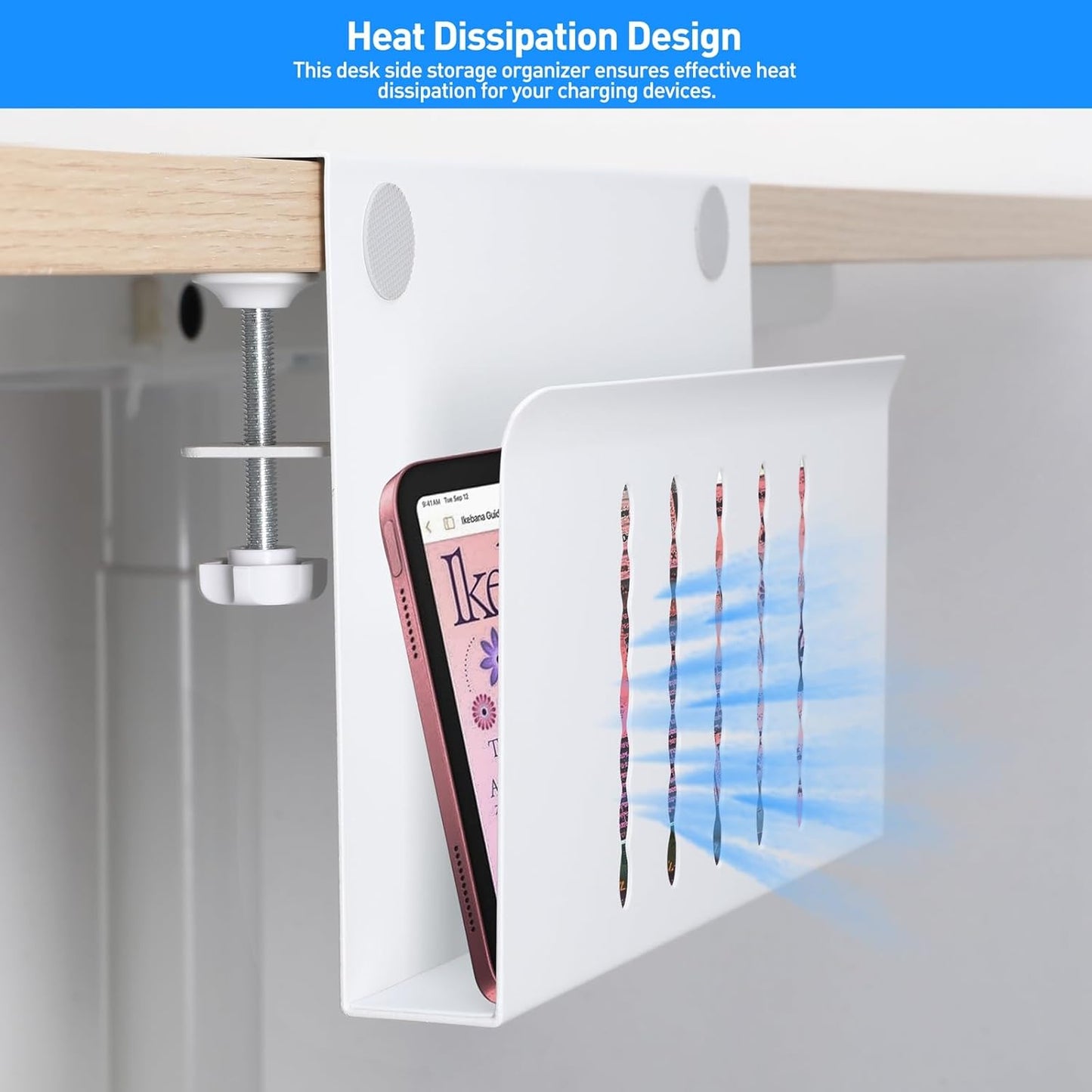 MAXECHO Desk Side Storage, Under Desk Laptop Mount, Table Side Hanging File Organizer, No Drill Clamp On Cable Management Tray, Laptop Holder with Magnetic Pen Holder for Office and Home, Load 22 Lbs