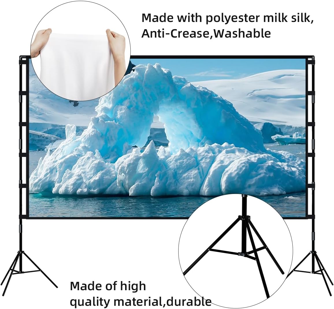Projector Screen and Stand, Towond 120 inch Portable Projector Screen Indoor Outdoor Movie Screen 16:9 4K HD Wrinkle-Free Lightweight Projection Screen with Carry Bag for Backyard Movie Night