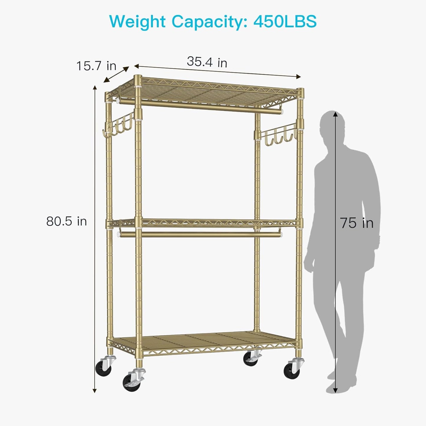 P1 Rolling Clothes Rack, Movable Metal Garment Closet Organizer with Lockable Wheels, Clothing Wardrobe with Double Hanger Rods and Hooks, 35.4" W x 15.7" D x 80.5" H, Load 450lbs, Gold