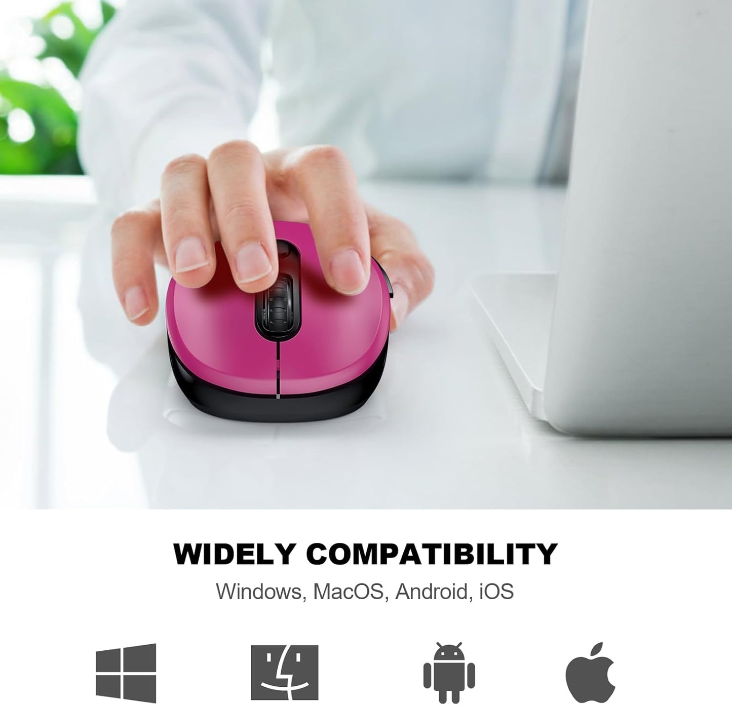 WisFox 2.4G Wireless Mouse for Laptop, Ergonomic Computer Mouse with USB Receiver and Type-C Adapter, 3 Adjustable Levels, 6 Button Cordless Wireless Mice for Windows Mac PC Notebook (Fuchsia)