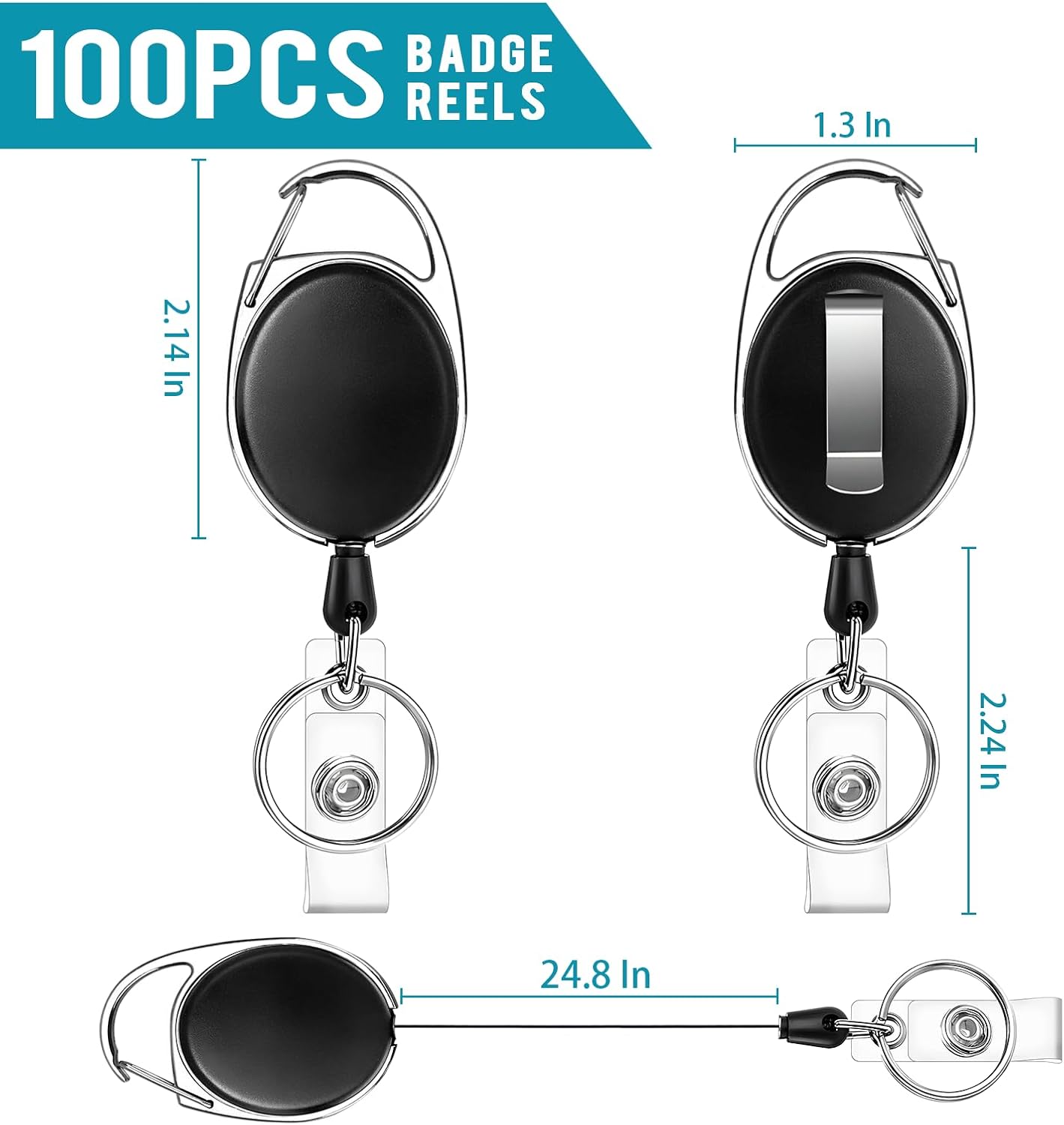 100 Pcs Badge Reel, ID Badge Holder Retractable Clip, Heavy Duty Keychain Badge Reel,Badge Clip, Bulk Lanyard for Wear Keys, ID Card, Name Hold