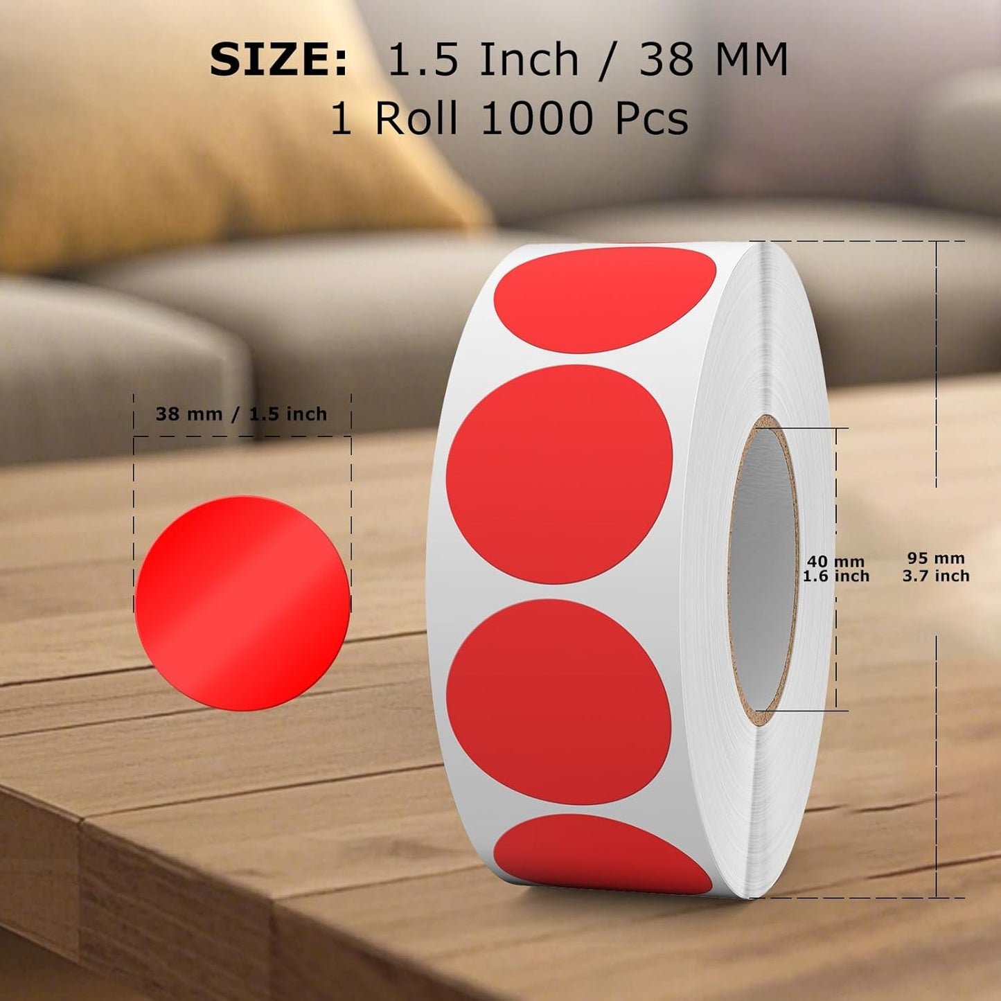 1000 PCS Round Stickers 1.5 Inch Vinyl Red Colored Dot Sticker Roll Removable Color Coding Circle Labels for Inventory Garage Sale Price Tags