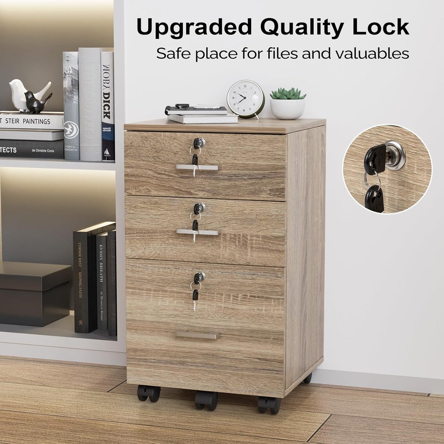 VINGLI 3-Drawer File Cabinet with Lock, Wood Rolling Filing Cabinets for Home Office, Mobile Printer Stand, Under Desk File Organizer for Letter Sized Files, 26" H(Caster Included), Oak