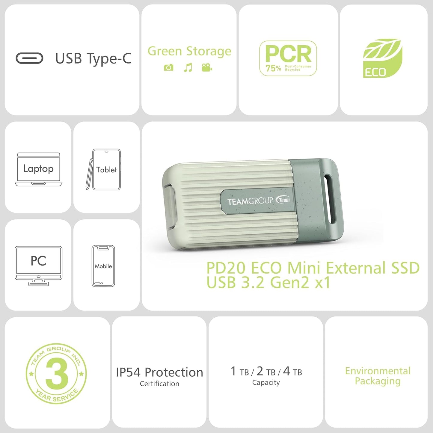 TEAMGROUP PD20 ECO 1TB Portable External Solid State Drive SSD Read up to 1000MB/s USB 3.2 Gen2x1 Type-C Waterproof Dustproof IP54 TPSEG4001T0C102