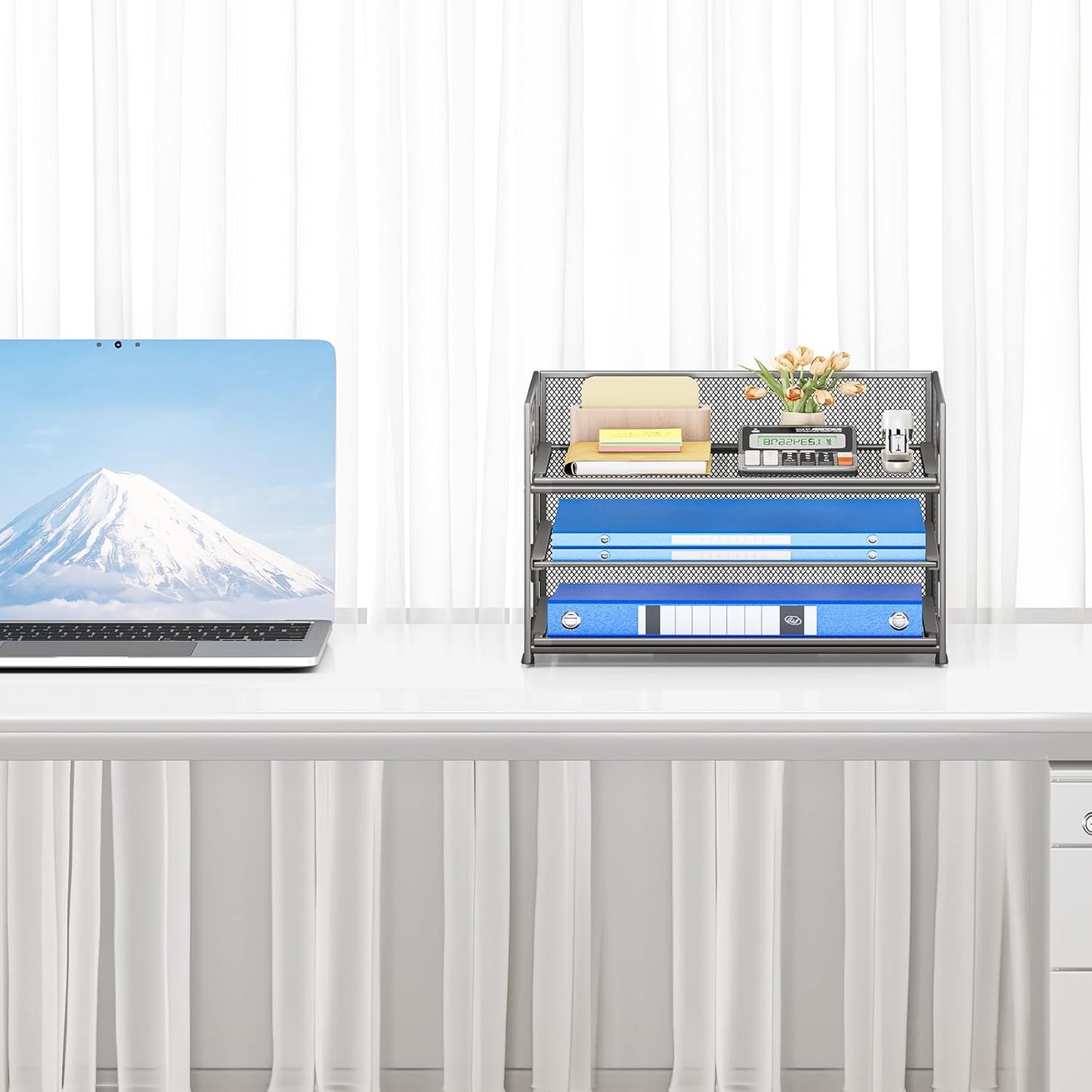 Subekyu 3 Tier Paper Letter Tray Organizer for Desk, Gray Metal Mesh Desk File Folder Sorter Organizer with Handle and Sliding Tray for Home, Office, School Supplies Organization Storage