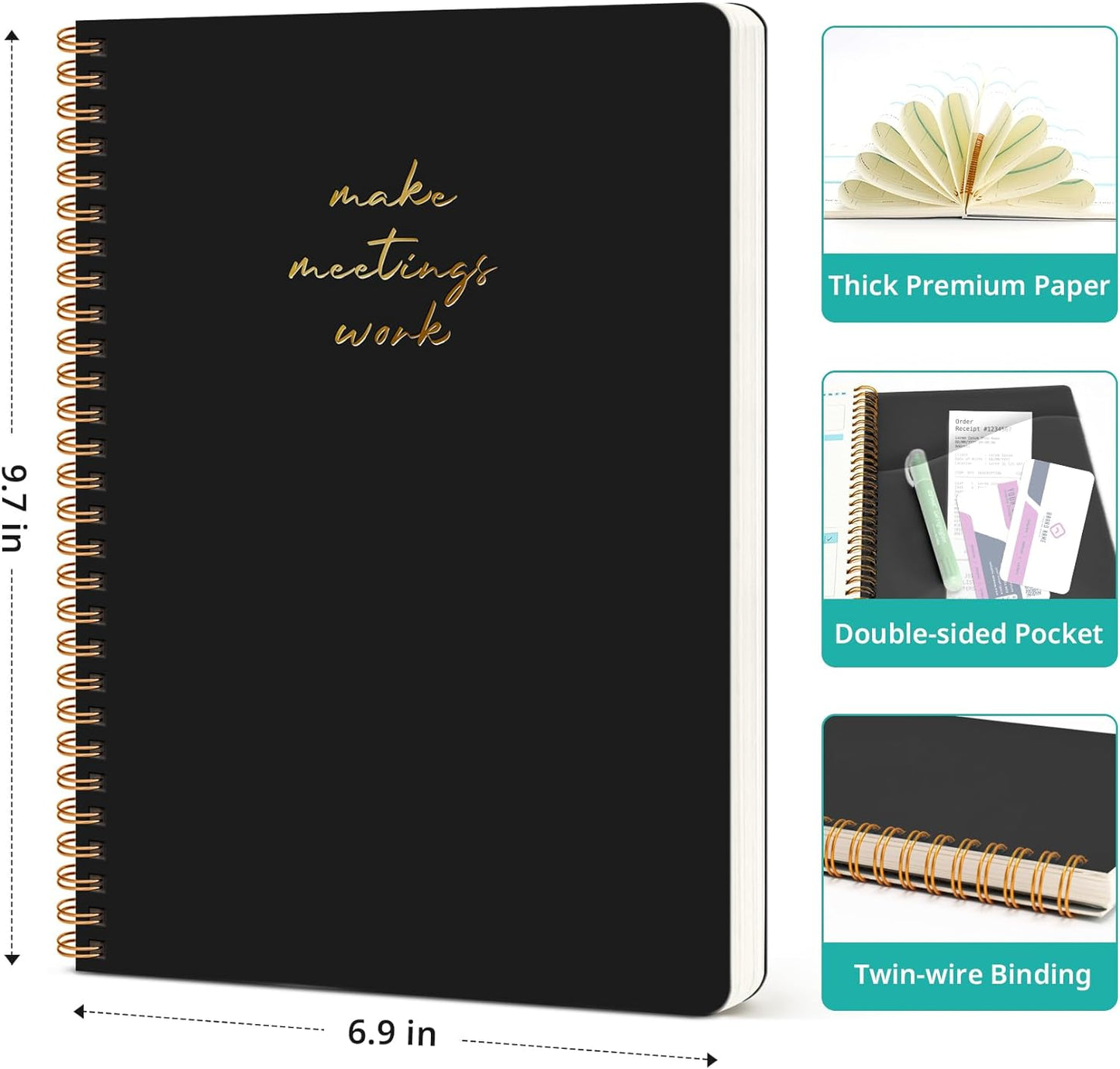 Taja Meeting Notebook for Work Organization - Work notebook with action items, Meeting Minutes Planner Notebook, Perfect Office Supplies for Men & Women - Black