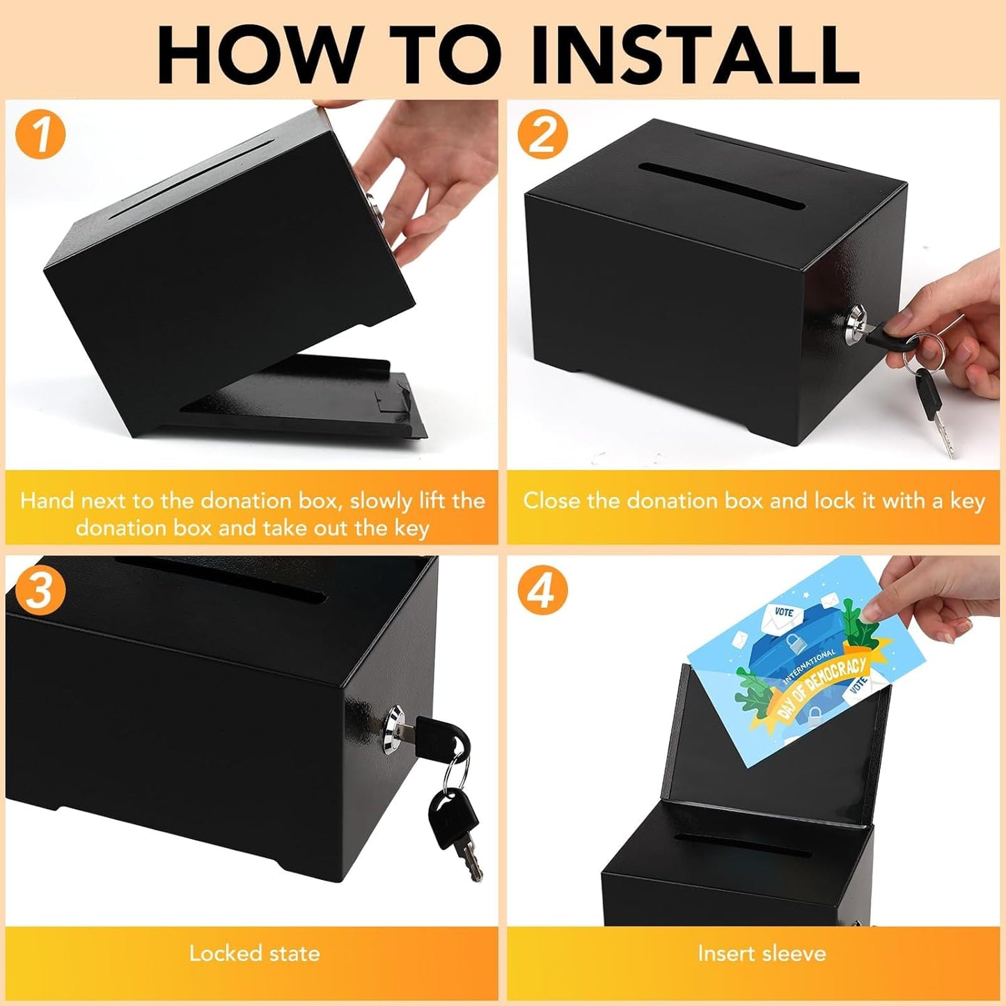 Tip Jar 3 PCS Suggestion Box with Slot and Lock Metal Donation Raffle Fundrais Cash Ballot Money Ticket Bartender Voting Prayer Comment Teacher Mailbox Booth Card Classroom Restaurant Black