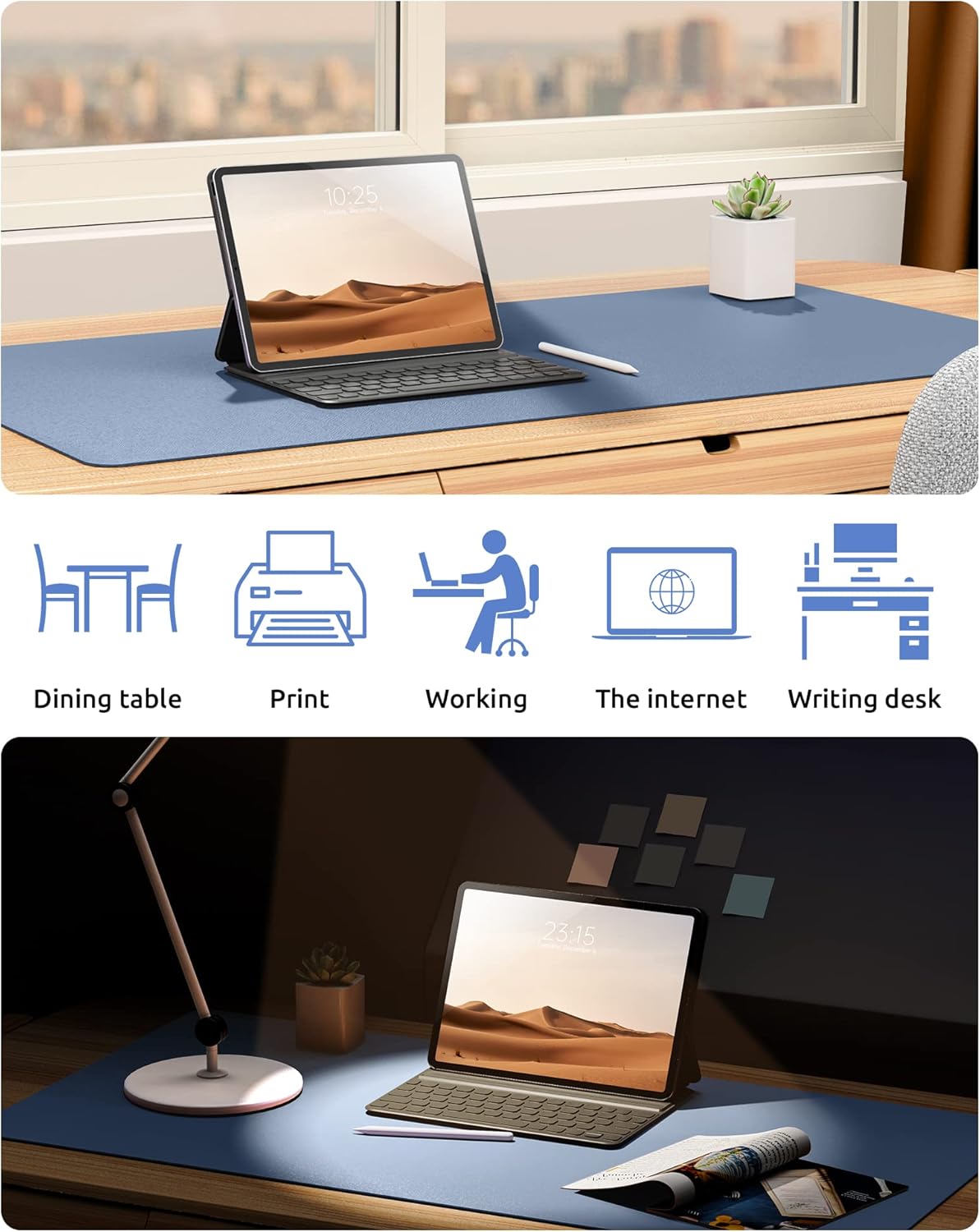 YSAGi Leather Desk Protector, Office Mat, Large Mouse Mat, Non-Slip PU Leather Blotter, Laptop Desk, Waterproof Writing Pad for Office and Home (Blue, 23.6" x 13.8")