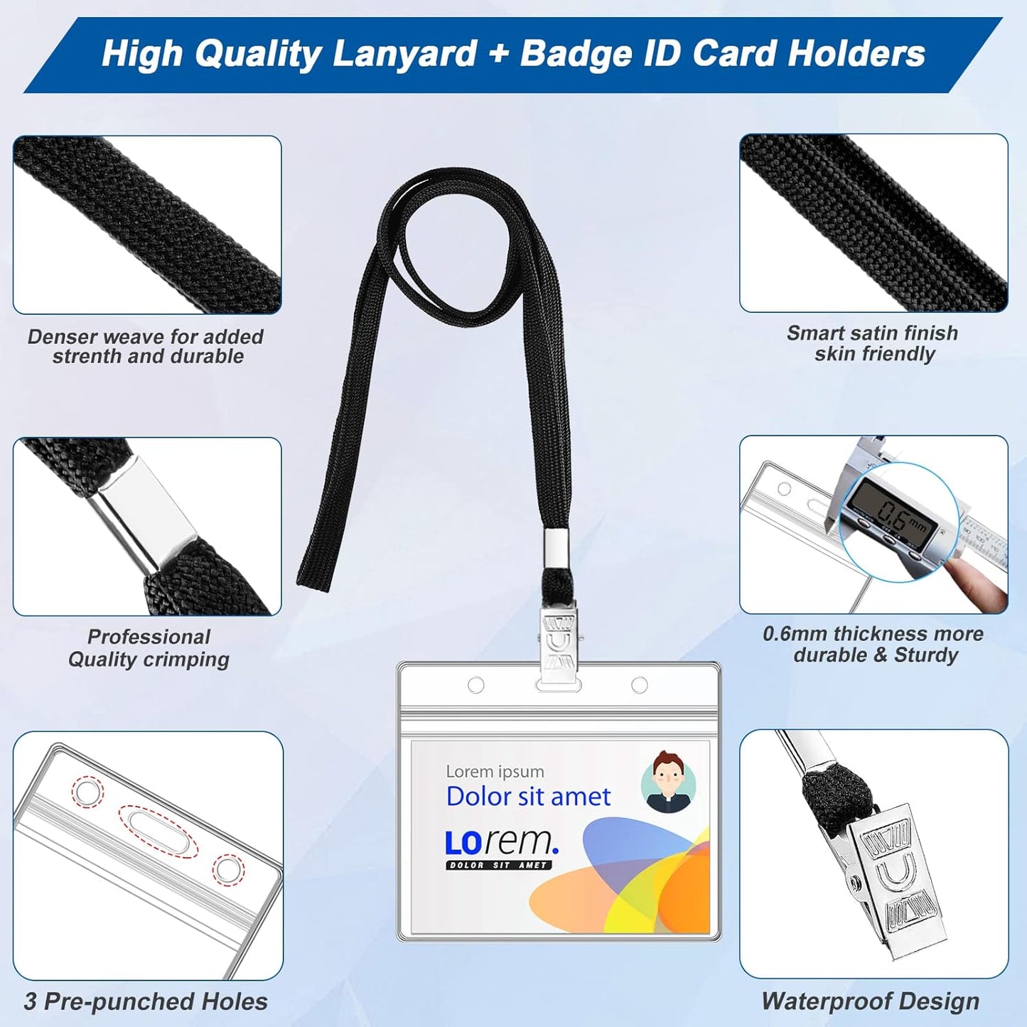 100Pcs Lanyards for Id Badges and 100 Pcs Clear Plastic Horizontal Name Badge ID Card Holders, Flat Neck Lanyards with Clip Waterproof Resealable Name Tag Badge ID Card Holders, Black