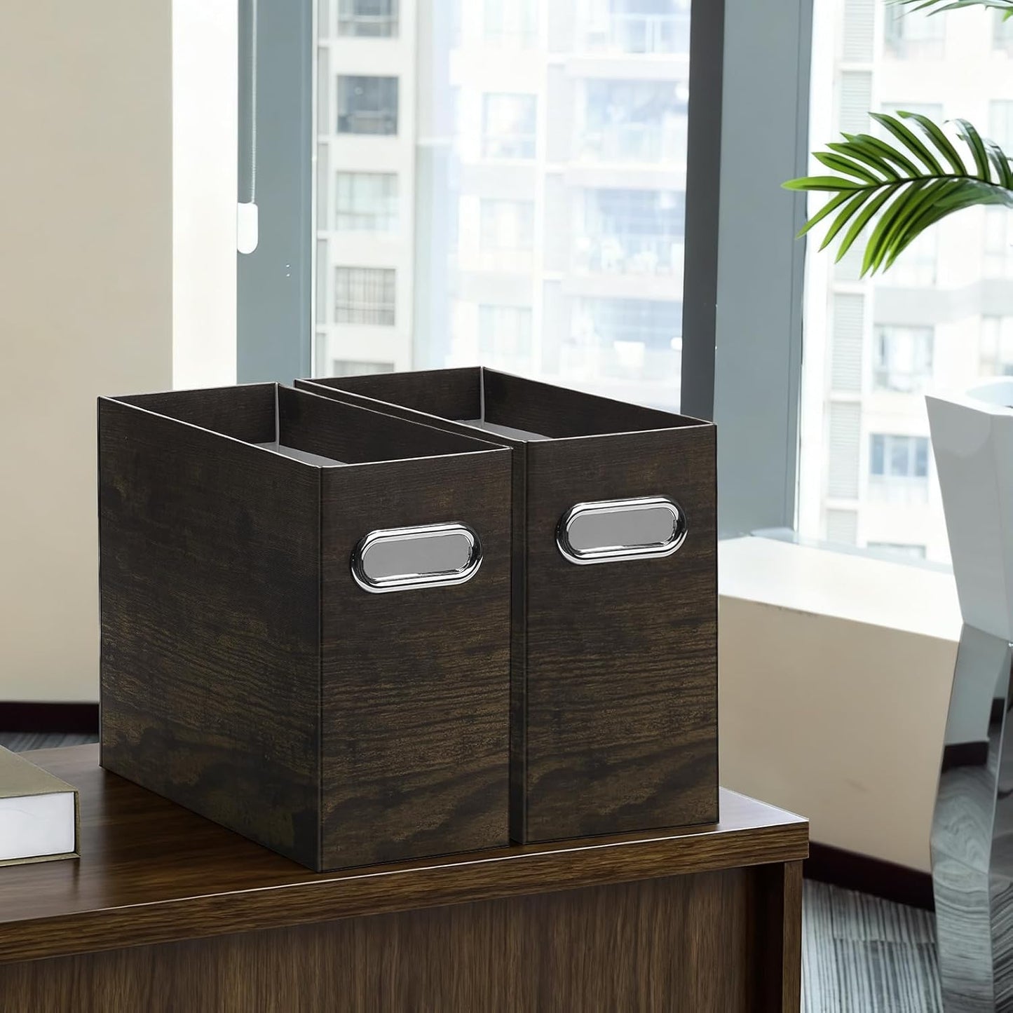 Oterri File Organizer - Small Cardboard Storage Box, Collapsible and Portable With Handle for Letter Size Files, Hanging Folder Box (Brown Wood Grain Print, Letter Size - 4 Packs)