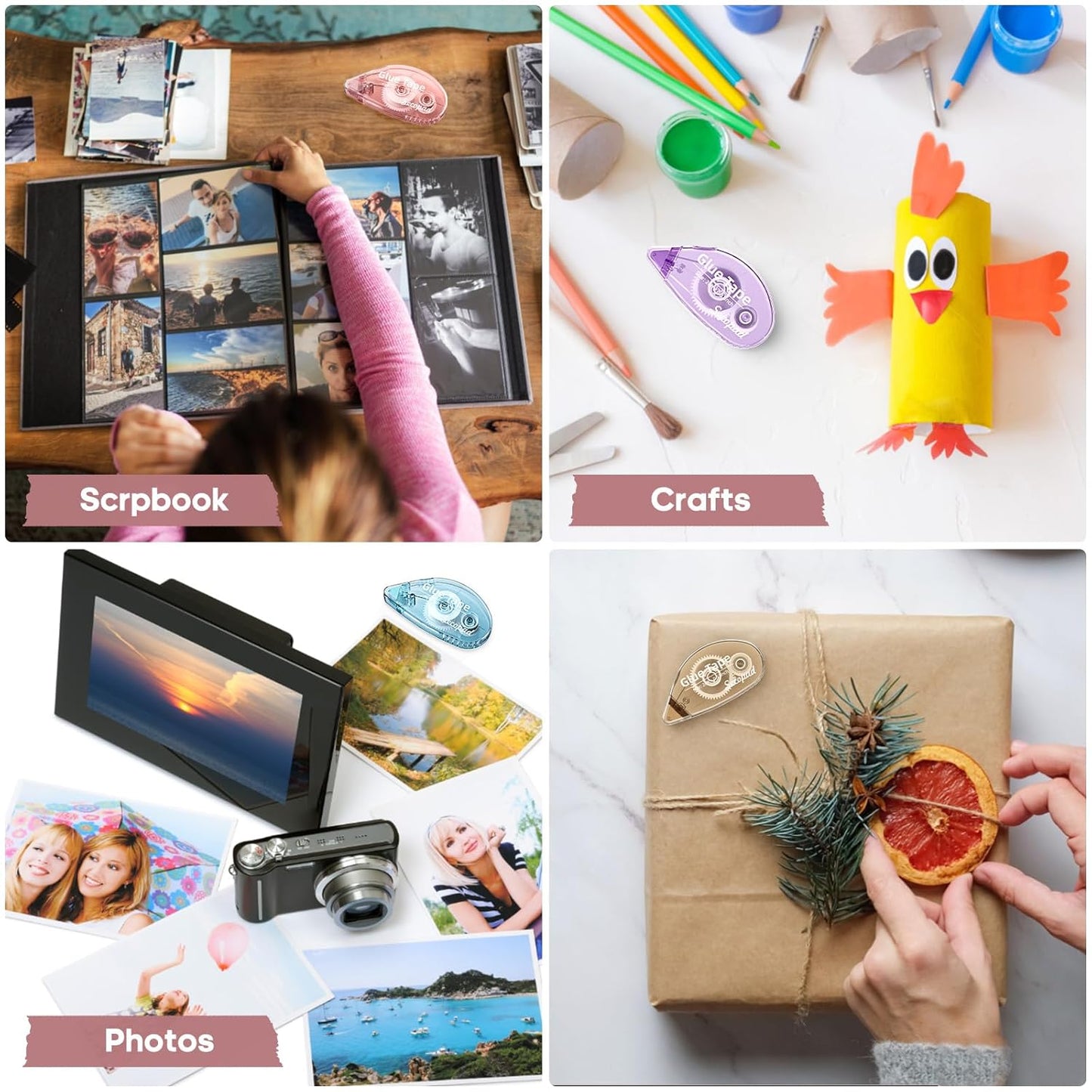 8 Pack Scrapbook Tape, Double Sided Tape for Crafts, Adhesive Glue Runner for Scrapbooking Journaling Supplies, Glue Roller for Kids and Adults School Office Teacher Supplies, 0.3IN x 26FT