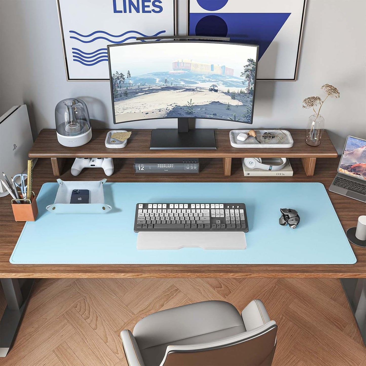 DAWNTREES Dual Sided Desk Mat,Leather Desk Pad,40"x16",Cork Desk Mat Protector,with PU Leather Valet Tray Organizer,Large Mouse Pad,Desk Writing Pad for Office and Home(Light Blue)