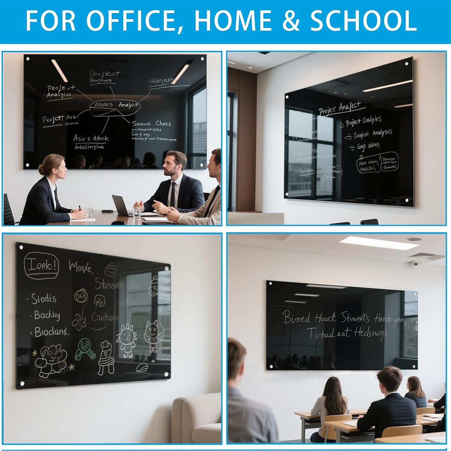 Glass Dry Erase Black Board - Magnetic Blackboard 48"X36" Frameless Whiteboard Clear Glass Boards with Super Strong Magnets, Wall Mounted for Office, Classroom and Home