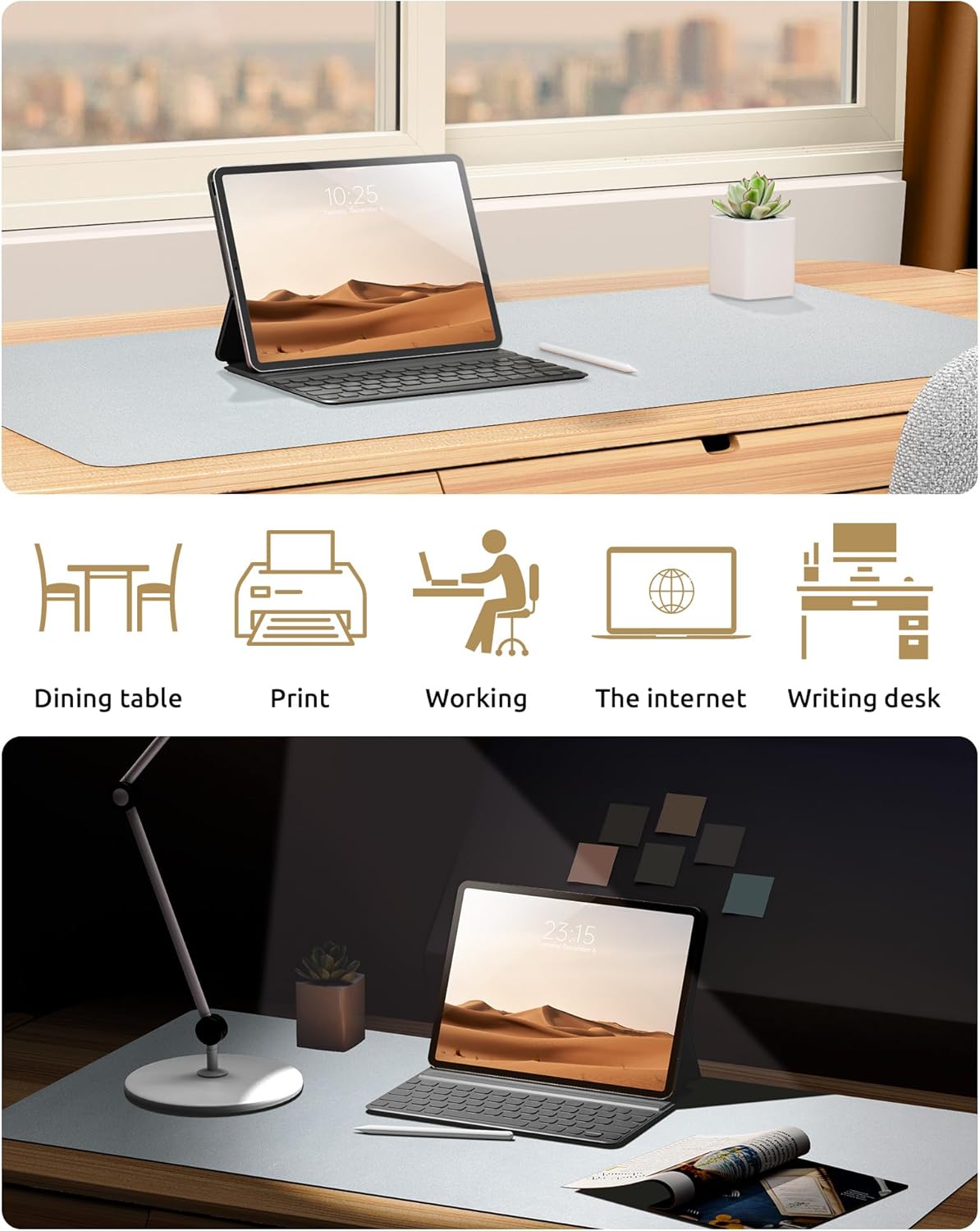 YSAGi Leather Desk Pad Protector, Office Desk Mat, Large Mouse Pad, Non-Slip PU Leather Desk Blotter, Laptop Desk Pad, Waterproof Desk Writing Pad for Office and Home (Silver, 23.6" x 13.8")