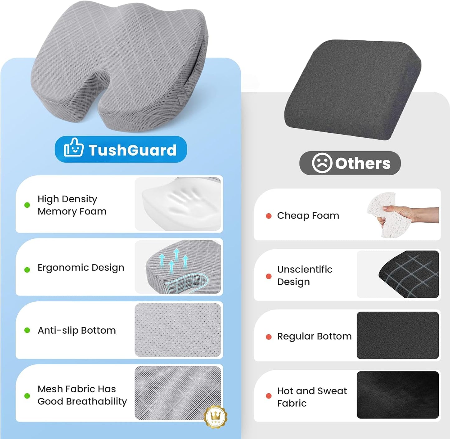 TushGuard Office/Car Seat Cushion, Non-Slip Sciatica & Back Coccyx Tailbone Pain Relief Chair Pad, Memory Foam Butt Pillow for Computer Desk, Wheelchair, Driving (Light Grey, X-Large)