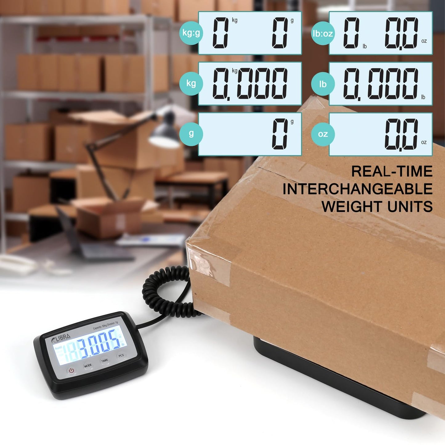 110 lb (50 kg) Digital Postal Scale, Stainless Steel Pan, Backlit Display, Piece Counting, Multiple Units, Capacity: Max 50 kg (110 lb), Min 5 g (0.2 oz), Division 1 g / 0.1 oz