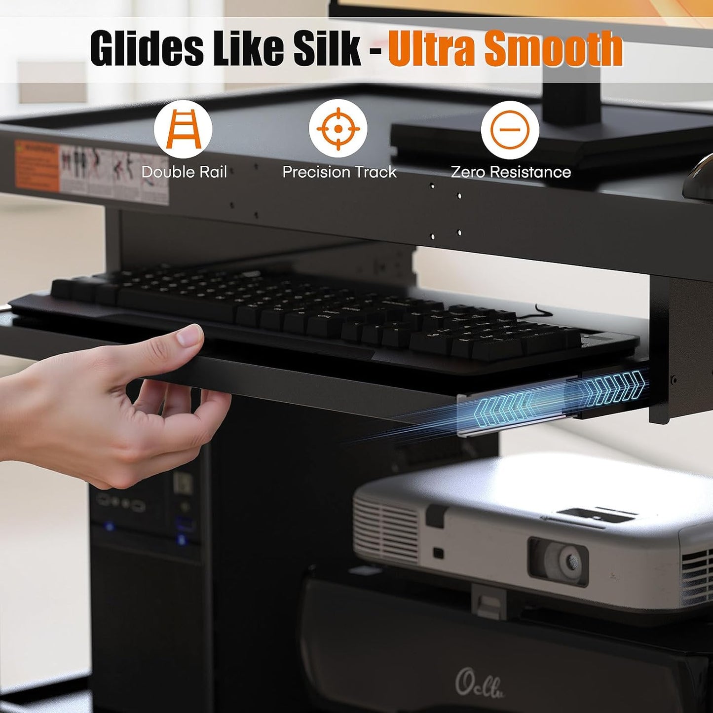 Extra-Large 3-Tier Utility Cart with Built-in Power Strip – Heavy-Duty 14-Gauge Steel Rolling Cart for Office, Workshop, or Classroom – 300 Lb Capacity (34" x 18" x 41.75")