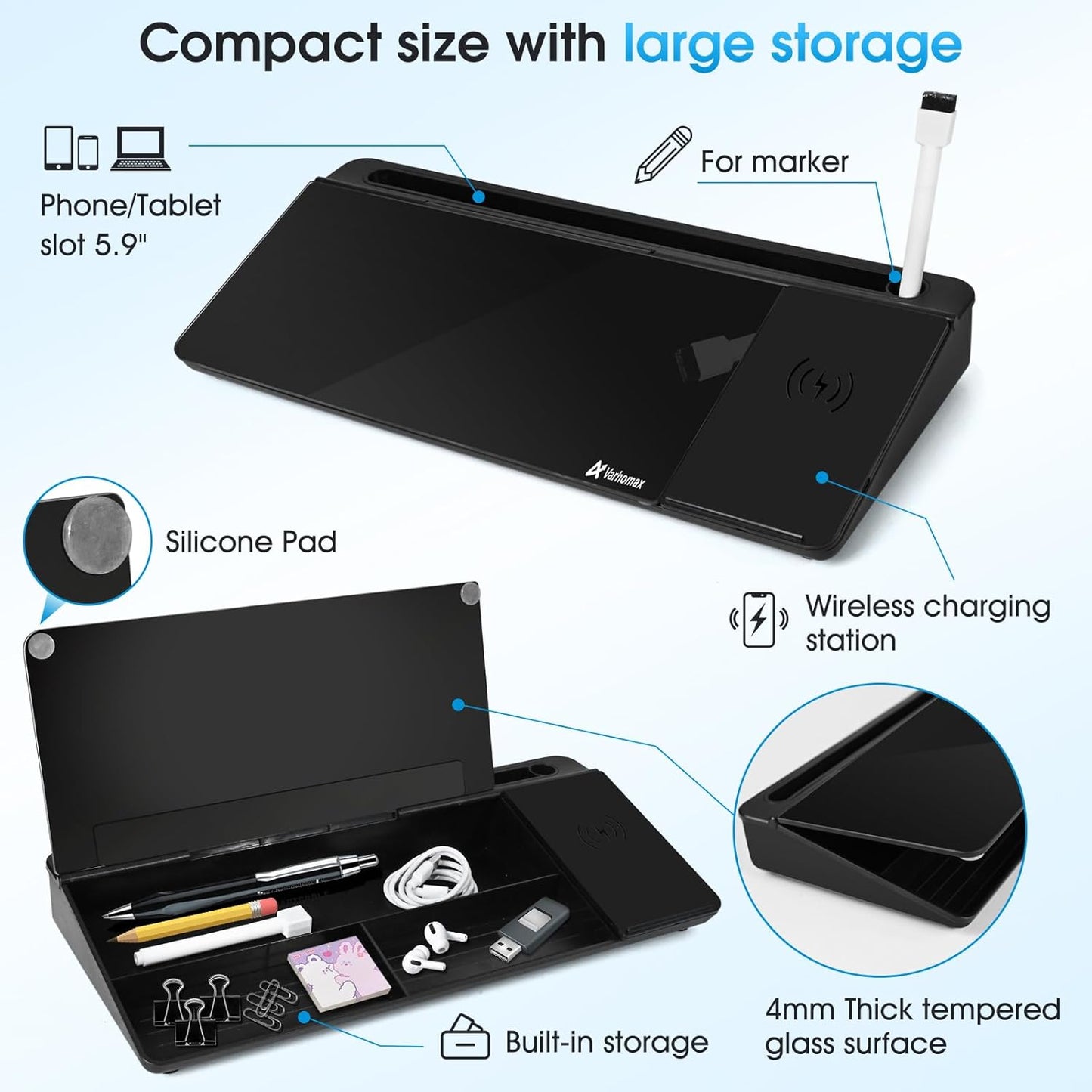 Varhomax Glass Desk Whiteboard Black with Wireless Charger, Desktop Dry Erase White Board with Storage,to Do List Memo Notepad for Home and Office