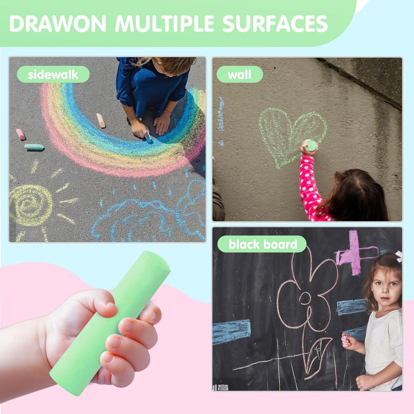 50 Pack Washable Sidewalk Chalks for Kids Non-Toxic Jumbo Chalk for Outdoor Art Play, Colored Chalk for Painting on Chalkboard, Blackboard and Playground