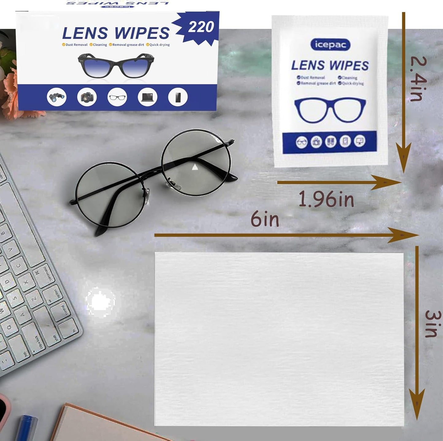 Eyeglass Cleaner Wipes, Sunglasses, Screens - Gentle and Portable for On-the-Go Cleaning of Devices, Lens Wipes for Eyeglasses, Wet Lens, Camera Lenses, Laptops, Etc. Individually Packaged(220 PCS)