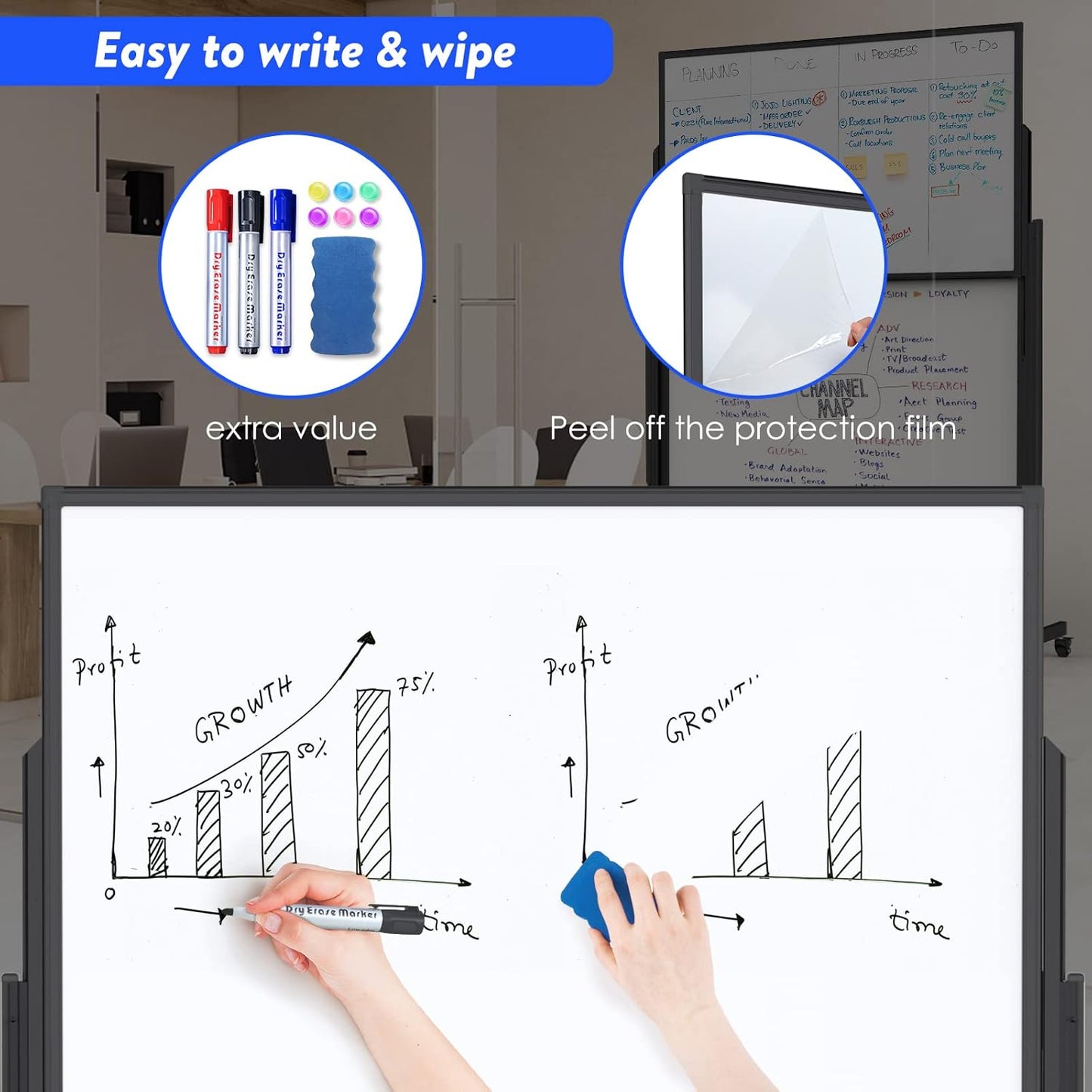 Double-Sided White Board on Wheels, 48x60 Inch (4'x5') Large Magnetic Mobile Dry Erase Board, Height Adjustable Stand Rolling Whiteboard for Office, Classroom, Home School Use, Black