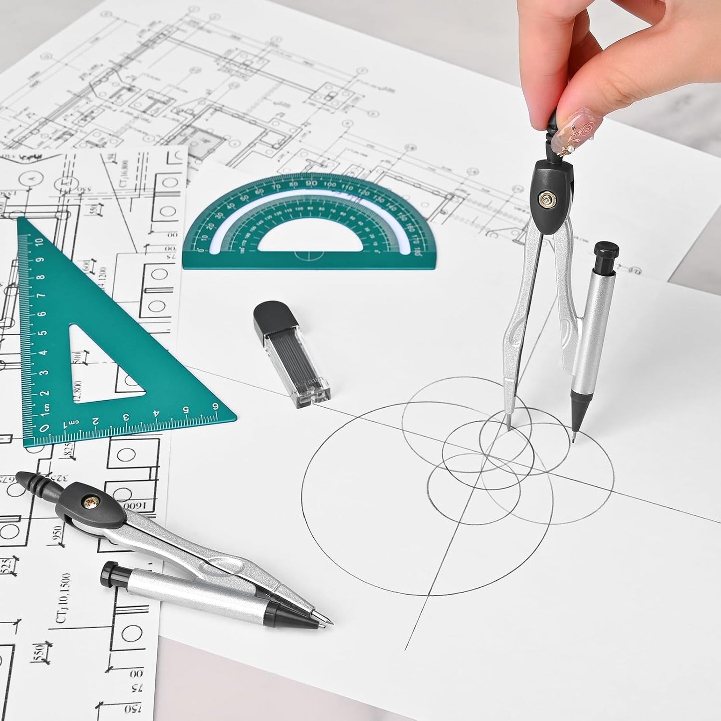 6 Pcs Metal Geometry Set, Math Geometry Kit, Metal Ruler Set and Compass Geometry Tool, Rulers Protractor and Compass Set for Student School and Drawings Supplies (Green)
