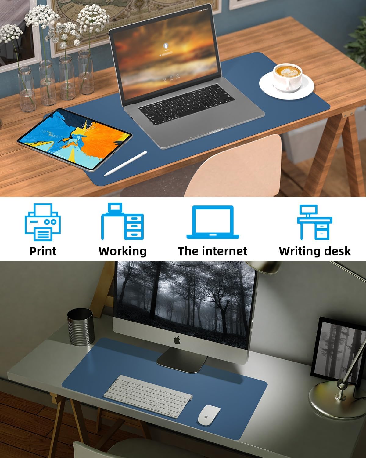 Pu Leather Desk Protector, Non-Slip Laptop Mat - Waterproof Writing Pad for Office/Home (23.6"x13.8", Grey Blue)