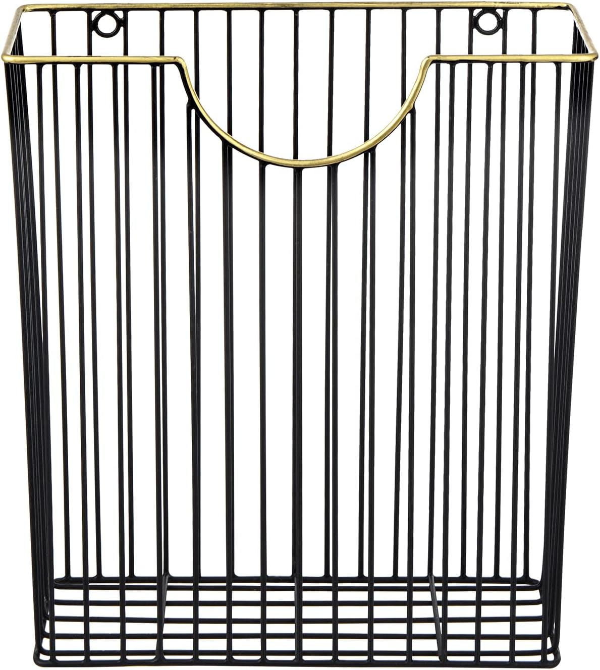 MyGift Art Deco Style Matte Black Metal Wire Magazine Rack with Brass Tone Rim - Wall Mounted Holder Storage Basket for Mail - Handcrafted in India