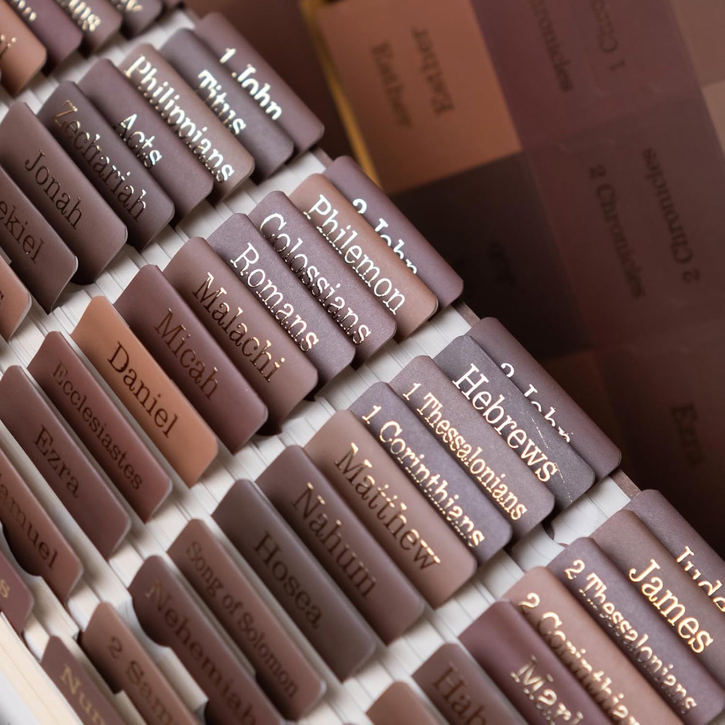 UPAFEXXI-Laminated Bible Tabs for Women and Men (Gold Foil Embossed Lettering) Reposition Large Print tabs, Easy to Read and Apply, 80 Bible Chapters Labels for Easy Navigation(Brown)