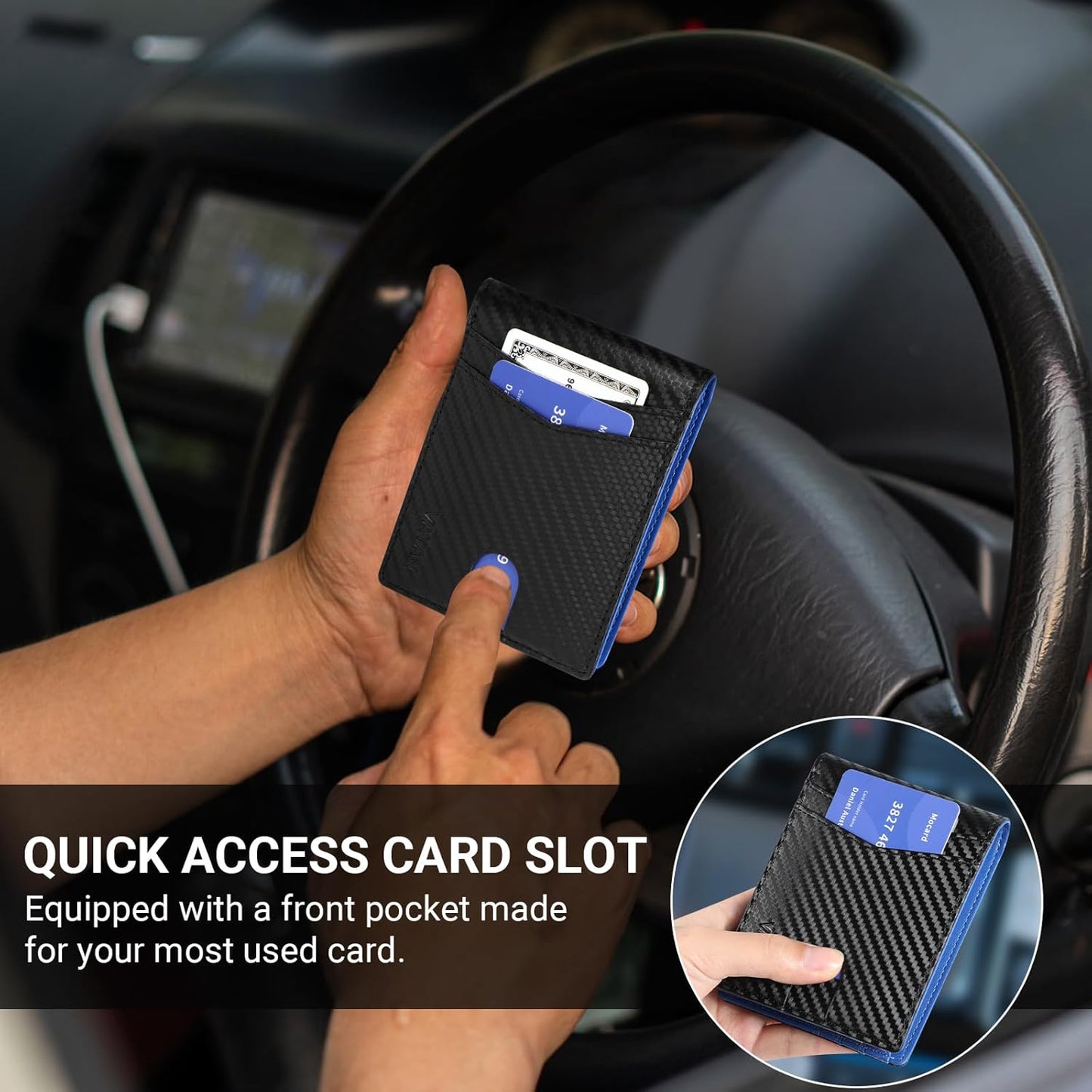 VATAN Wallet for Men, Mens Minimalist Wallet Credit Card Holder, Slim Leather Rfid 2 ID Window Large Capacity With Gift Box (Carbon Black and Blue)