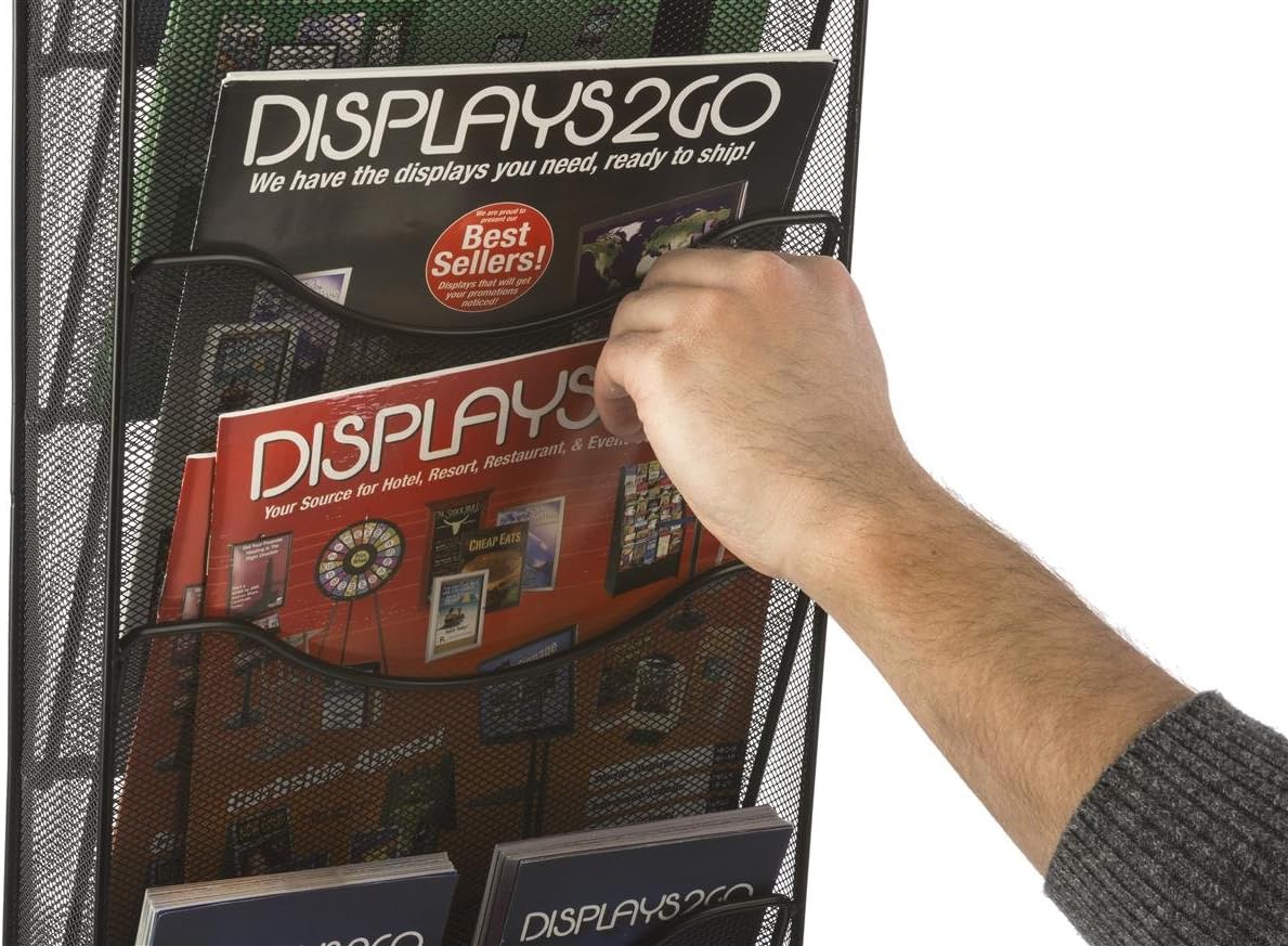 Displays2go Wall Mount Literature Rack, File Folder Organizer, 10 Dividable Pockets (Black Steel Mesh)