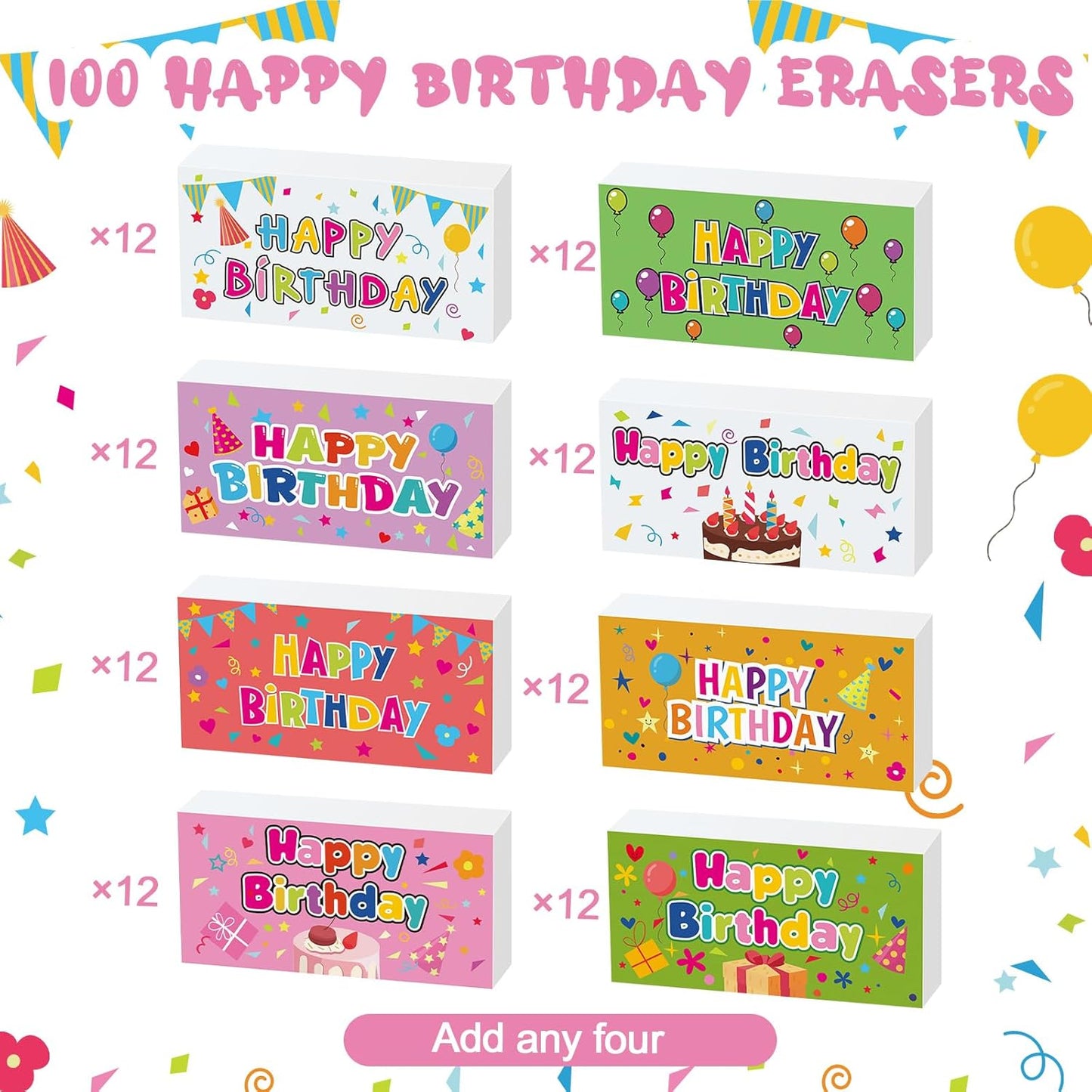 100 Pcs Happy Birthday Erasers Bulk Mini Erasers for Classroom Fun Assortment Birthday Gifts for Back to School Teacher Reward Party Supplies, 8 Styles, 1.6 Inch