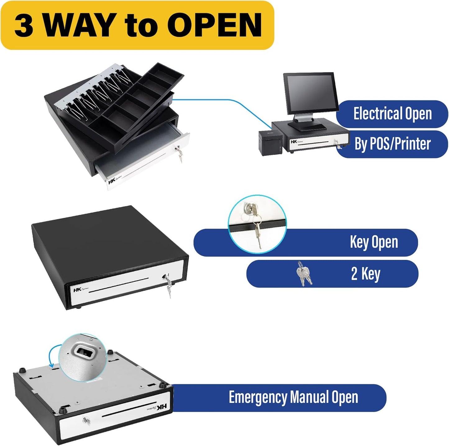 HK SYSTEMS 16inch "Stainless Steel" Front Heavy Duty Black POS Cash Drawer with 5Bill/5Coin