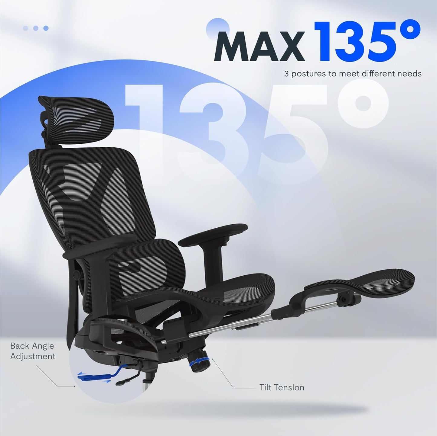 FLEXISPOT ErgoX Premium Ergonomic Office Chair with Footrest- Adjustable 3D Armrests, Dynamic Lumbar Support, Recline & Tilt Function, Mesh Seat, for Home & Office Use,Black