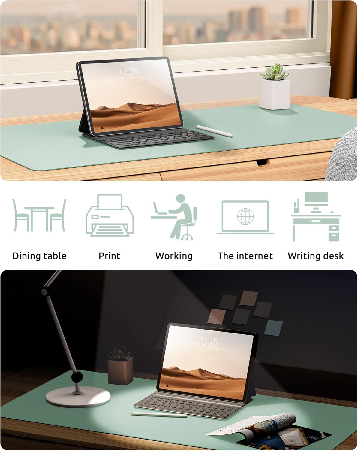 YSAGi Leather Desk Protector, Office Mat, Large Mouse Mat, Non-Slip PU Leather Blotter, Laptop Desk Pad, Waterproof Writing Pad for Office and Home (Pale Green, 35.4" x 17")