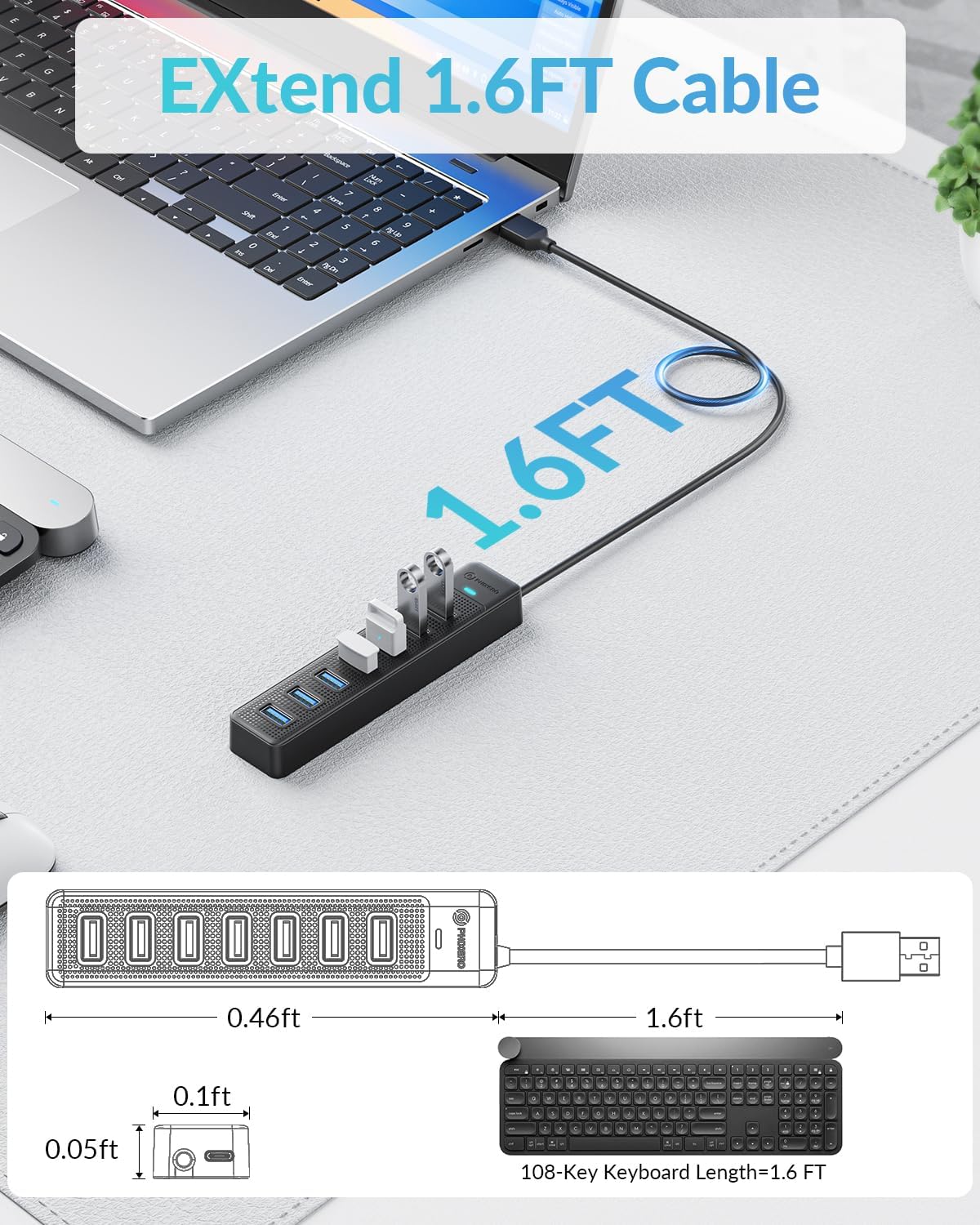 PHIXERO 7 Port USB Hub 3.2 with 1.6FT/50CM Long Cable, Multiport Adapter and Splitter for PC, Compatible with All USB 3.2/2.0/1.1 Devices