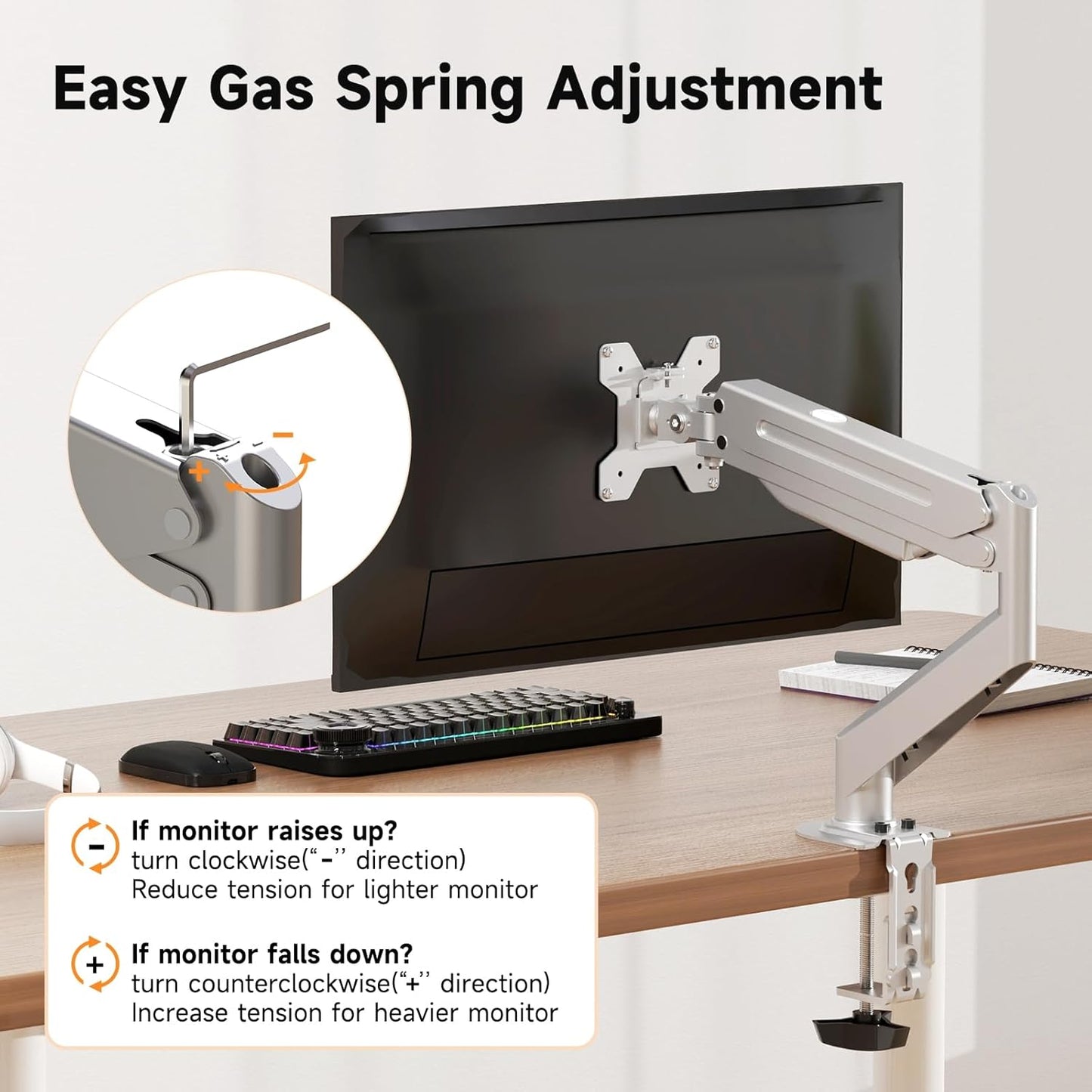 Suptek Single Monitor Mount Stand,Gas Spring Monitor Arm Desk Mount Fully Adjustable for 17 20 22 23 24 26 27 inch Monitors Weight Capacity up to 13.2 lbs (Silver)