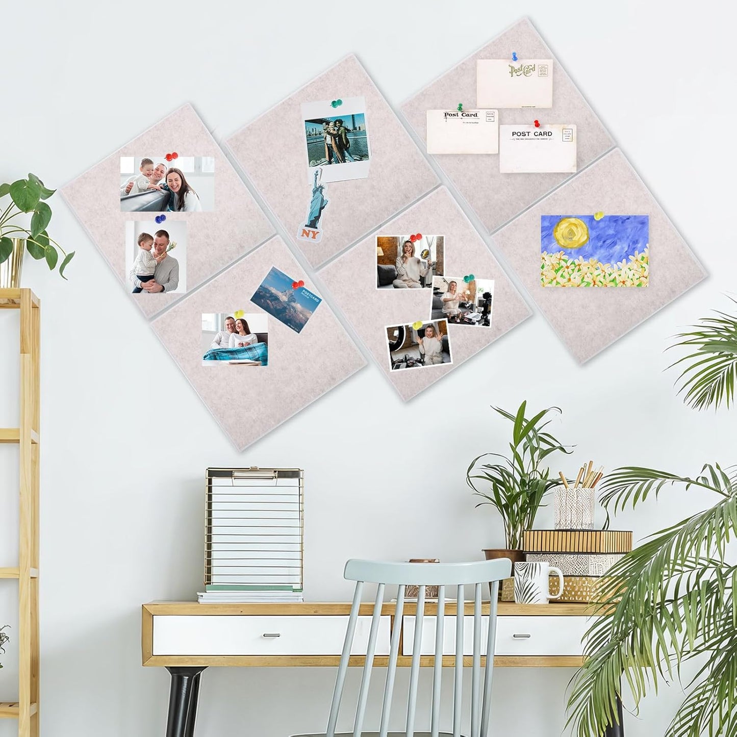 Large Cork Board 36" x 24", 6 Pack Felt Wall Tiles with Colored Pushpins, Bulletin Board with Removable Self-Adhesive Strips, Pin Boards Cork Boards for Walls Office Home-Light Tan