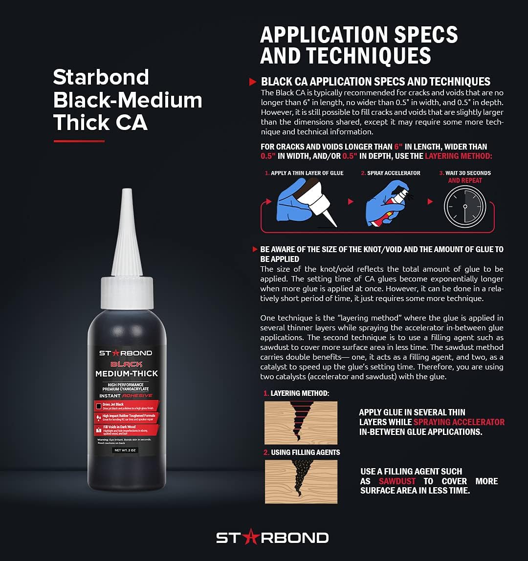 Premium Grade Cyanoacrylate (CA) Super Glue by STARBOND - 16 OZ Complete Refill KIT (453-gram) - Black Medium-Thick Knot Filler 500 CPS Viscosity Adhesive for Woodworking, Woodturning, Carpentry