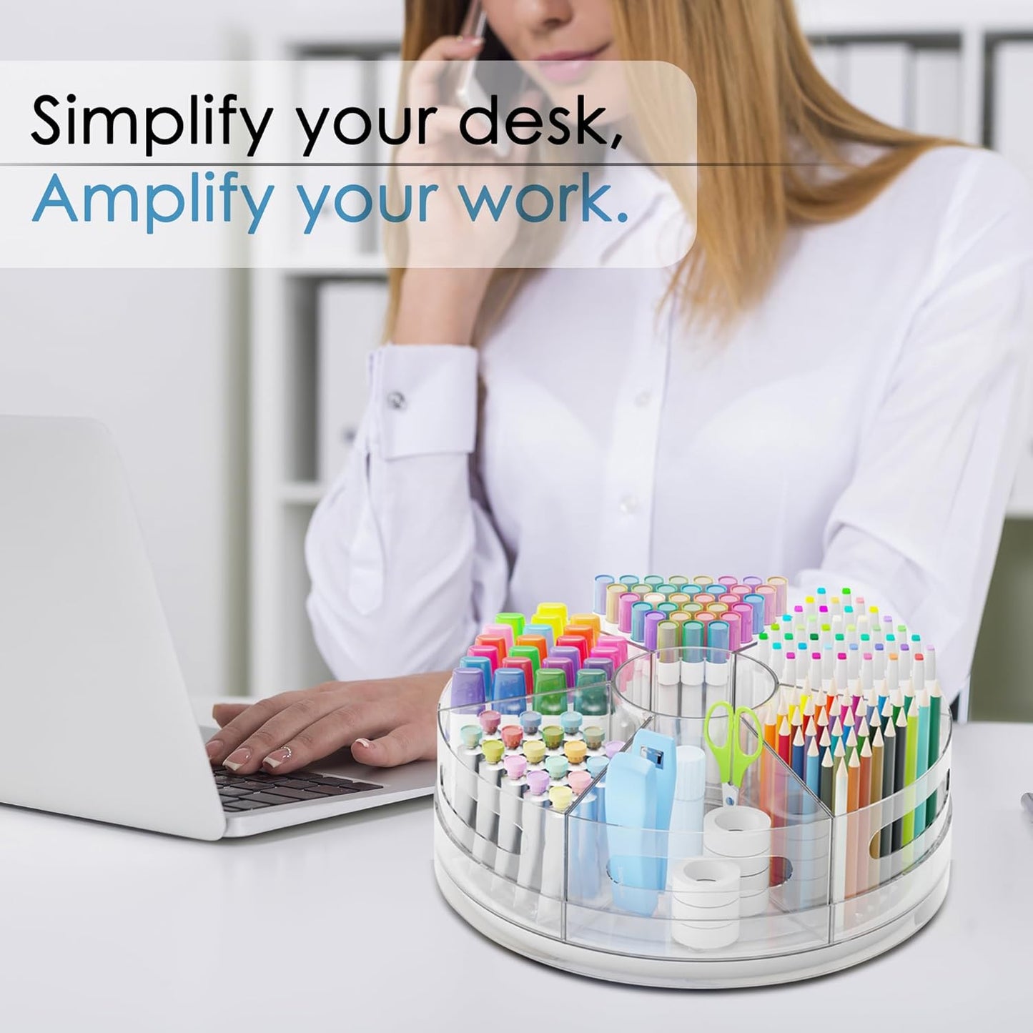 Pen Organizer for Desk - Acrylic Pen Holder with Hand Grips, 360° Extra Large Rotating Desk Organizer with 7 Removable Compartments for Office, Home, and Makeup Storage, Marker Organizer