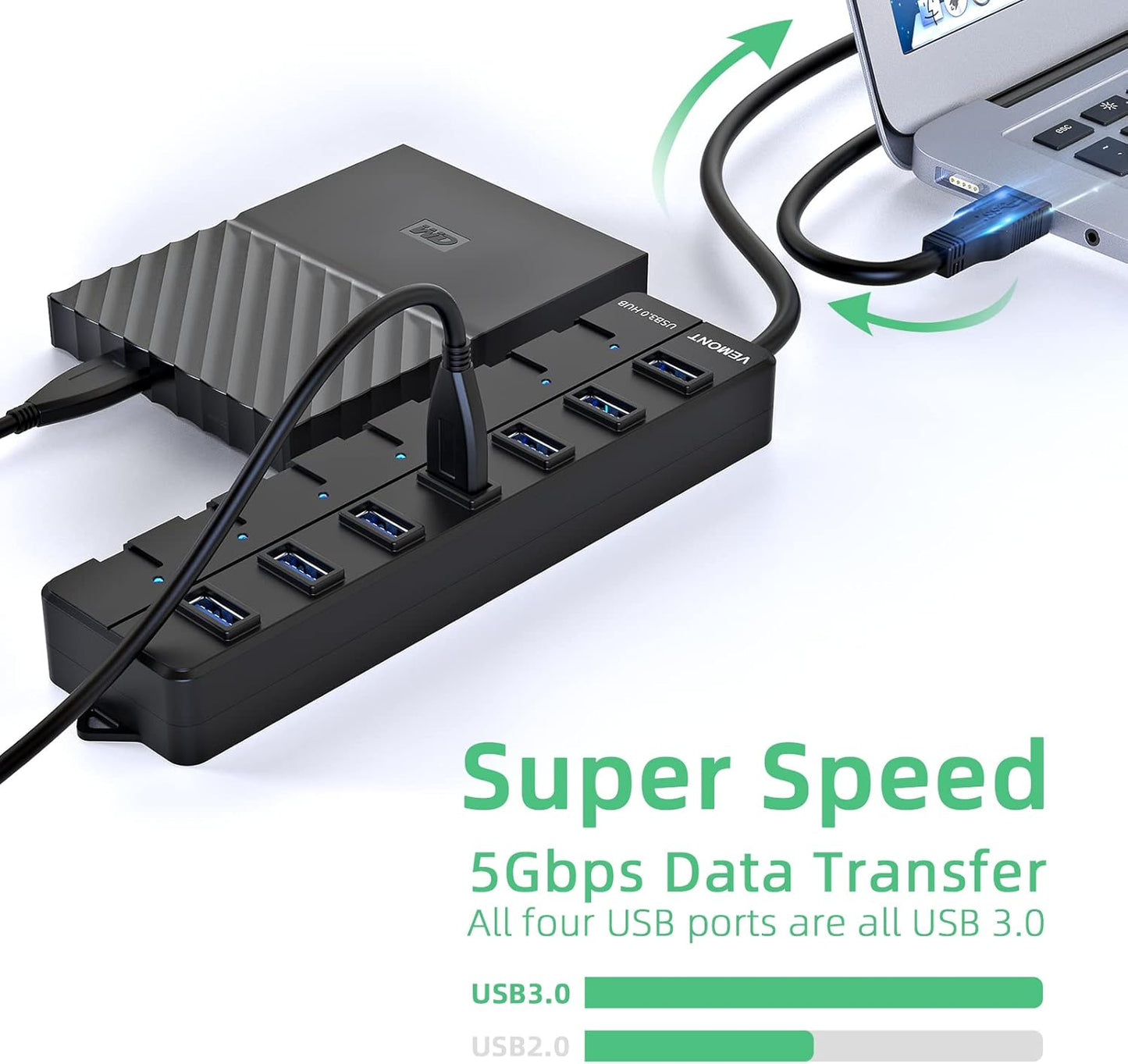 USB hub,7 Port USB 3.0 Hub,VEMONT USB Splitter with Individual On/Off Switches and Lights, 4ft/1.2m USB HUB Long Cable, USB Extension for Laptop and PC Computer