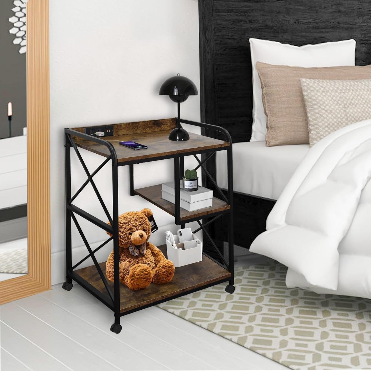 Printer Stand, Printer Table with Storage Shelf for Home Office, 23 x 18 Inch Large Home Printer Stand with Power Outlet USB Port, Printer Cart, PC Tower Stand, Vintage Brown