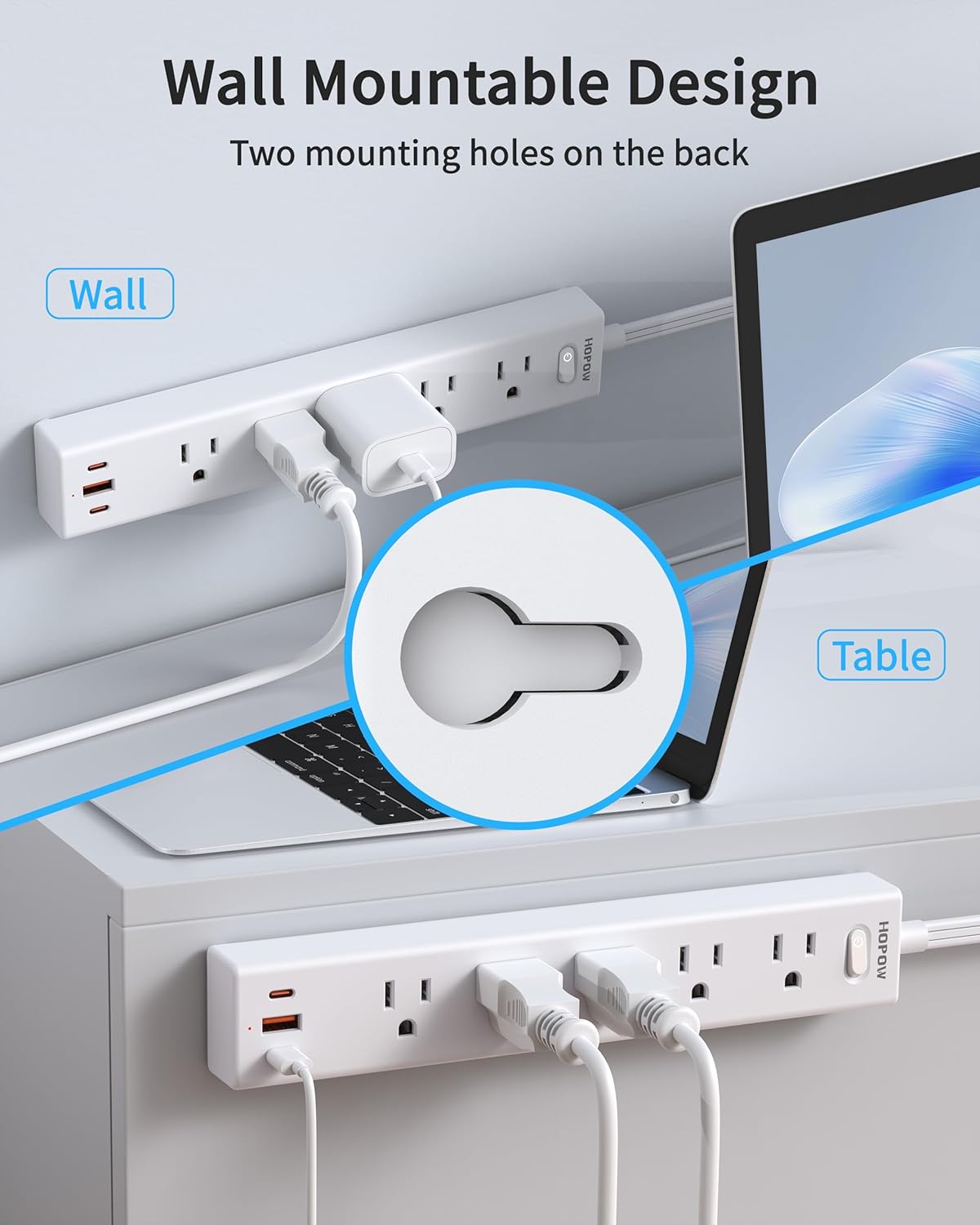 Power Strip Surge Protector, 2 Pack, 6 Ft Ultra Thin Flat Extension Cord, Surge Protector with 5 Outlets & 3 USB Ports (2 USB C), 1700 Joules, 3-Prong, Wall Mount for Home Office Dorm, White
