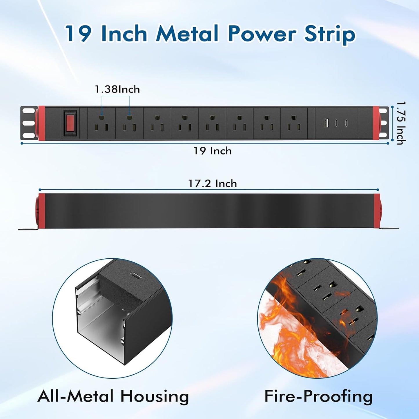 8 Outlet Surge Protector Power Strip,360° Rotatable Mounting,PD 20W USB C Fast Charging, Mountable Powerstrip Metal with 5FT Colied Cord for Home Office Industrial Garage Commercial