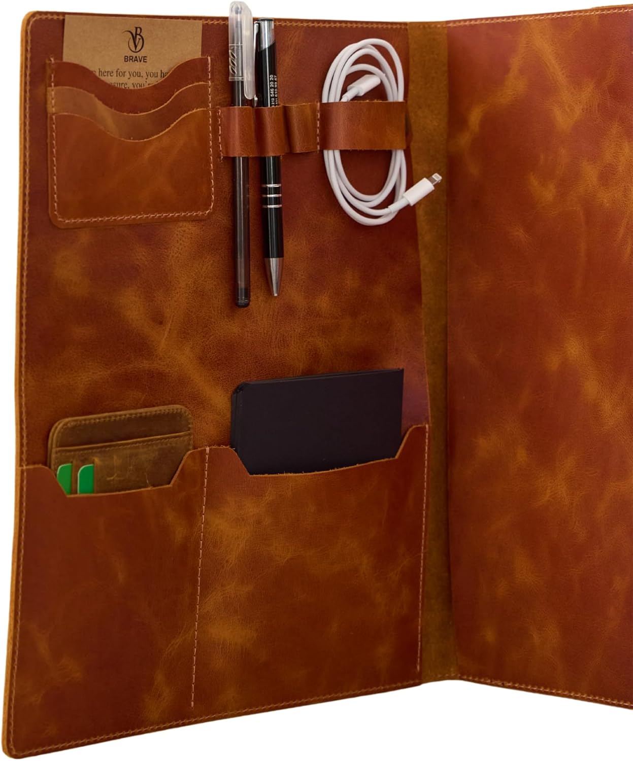 Leather Portfolio Folder - Genuine Leather Document Organizer with Multiple Pockets and Pen Holder – Business Padfolio for A4 Letter Size Papers, Professional Resume or Meeting Use (Whiskey)